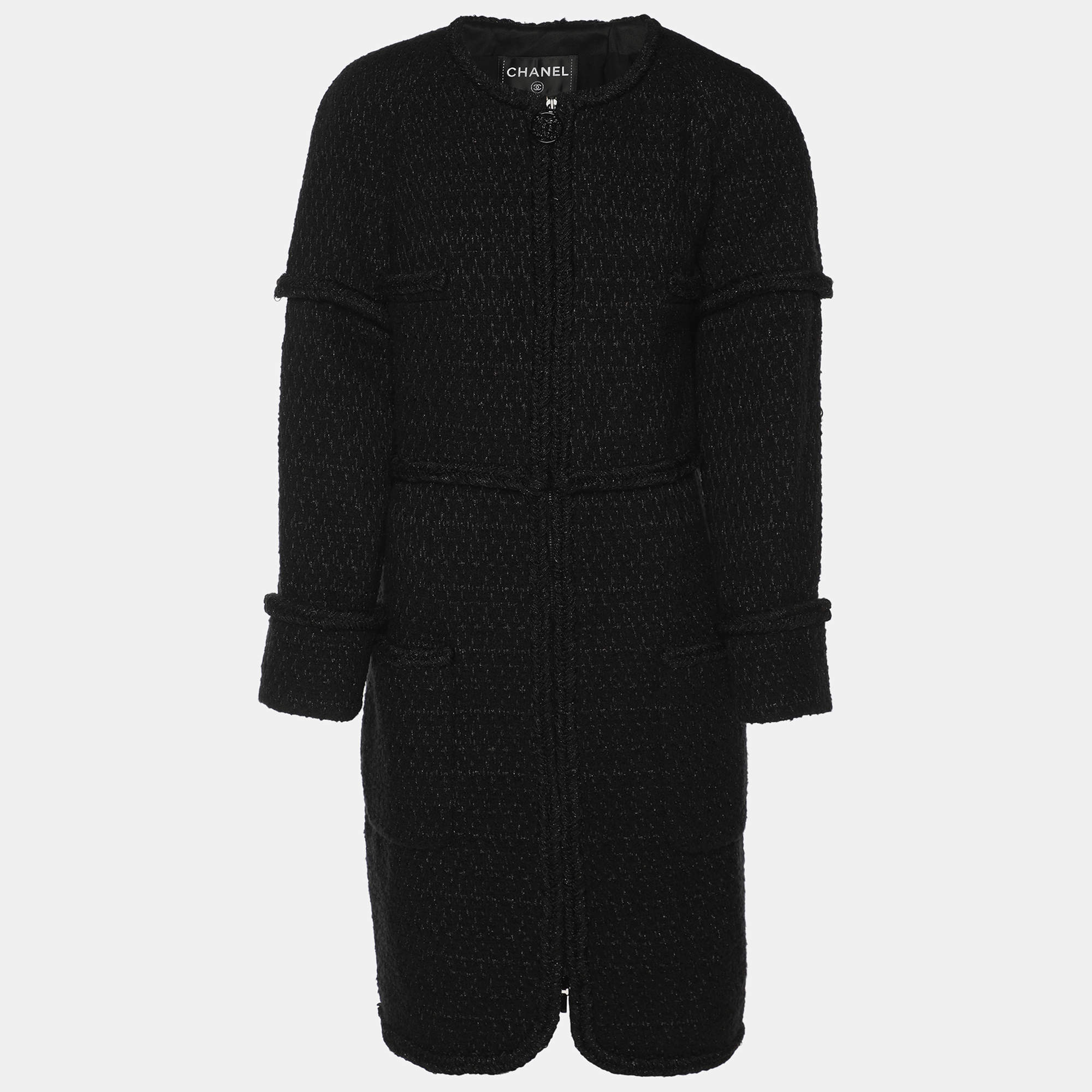 Pre Owned Chanel Black Tweed Mid Length Coat L