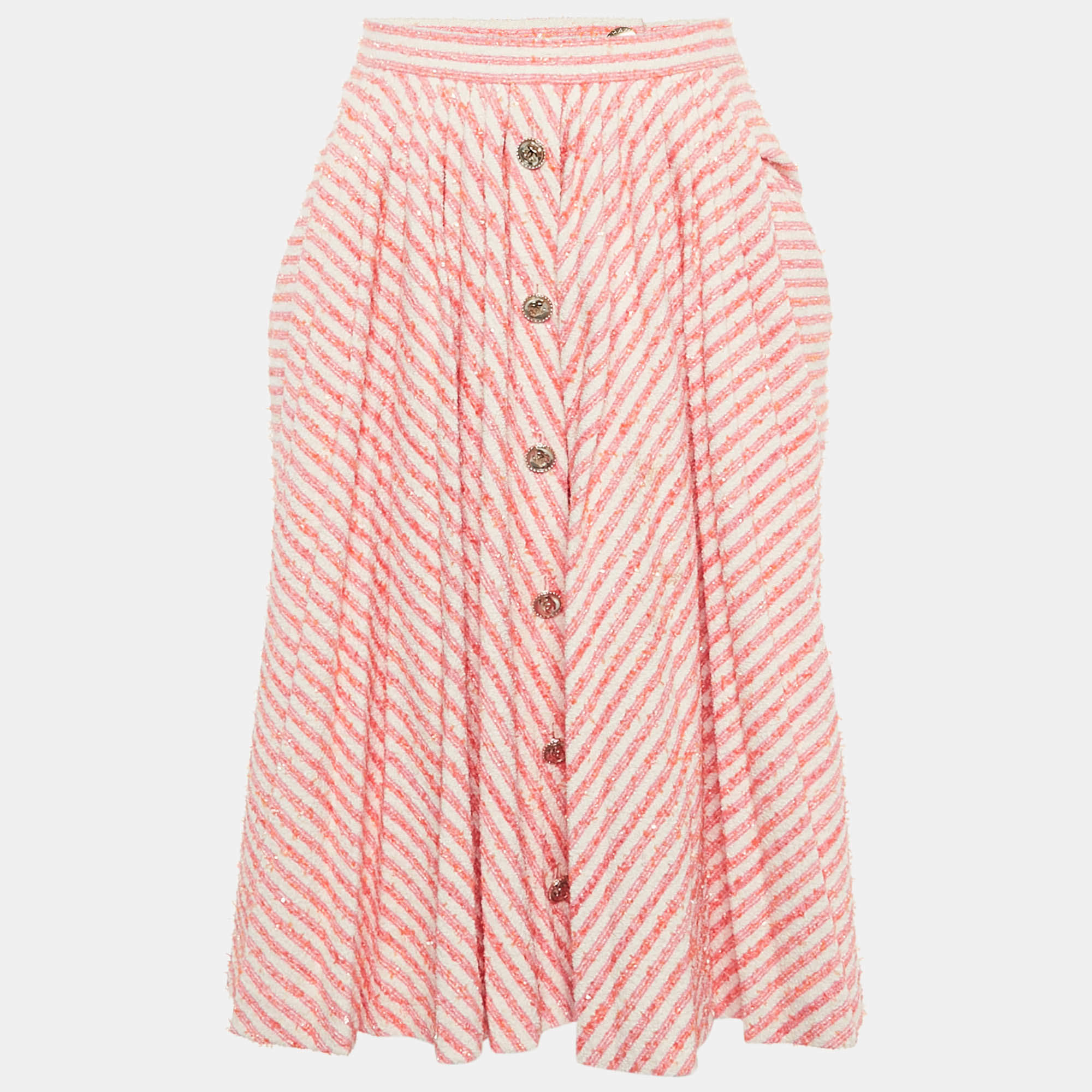 Pre Owned Chanel Pink /Orange Striped Tweed Front Drape Detail Short Skirt M