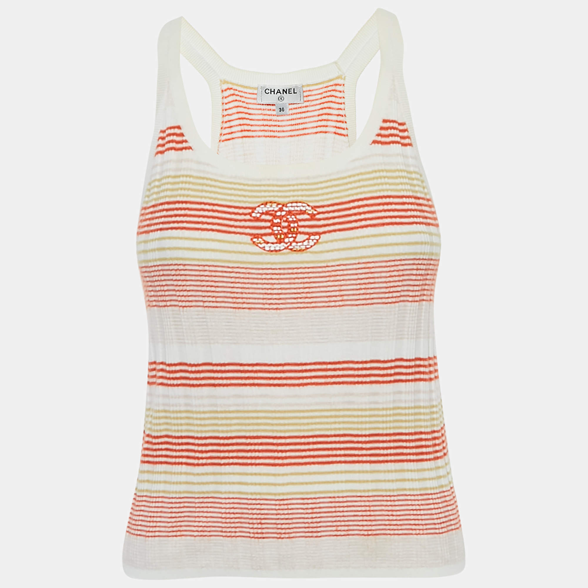 Pre Owned Chanel Orange /Yellow Logo Embroidered Rib Knit Tank Top S 