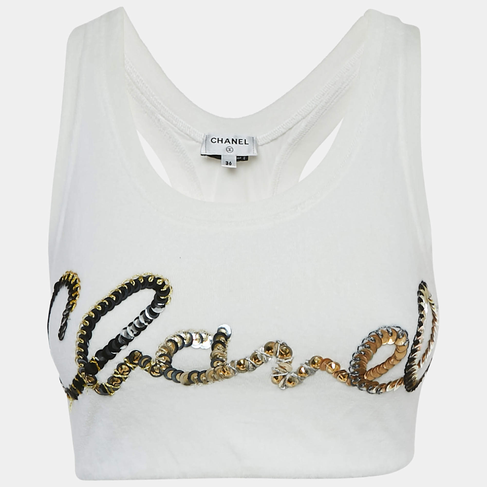 Pre Owned Chanel White Sequin Logo Embellished Velvet Cotton Crop Top S