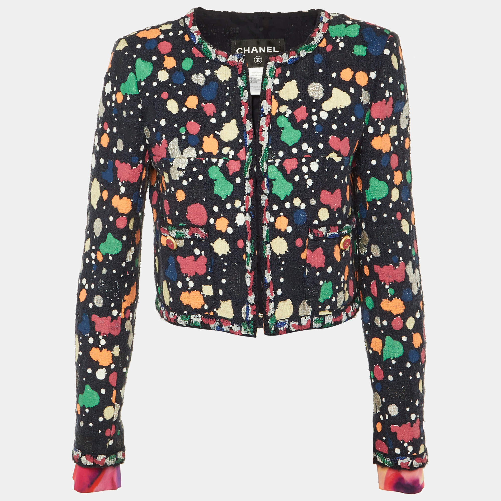 مملوكة مسبقًا جاكيت شانيل مقلم بطبعات نقط متعددة بلون أزرق بحري مقصوص مقاس متوسط