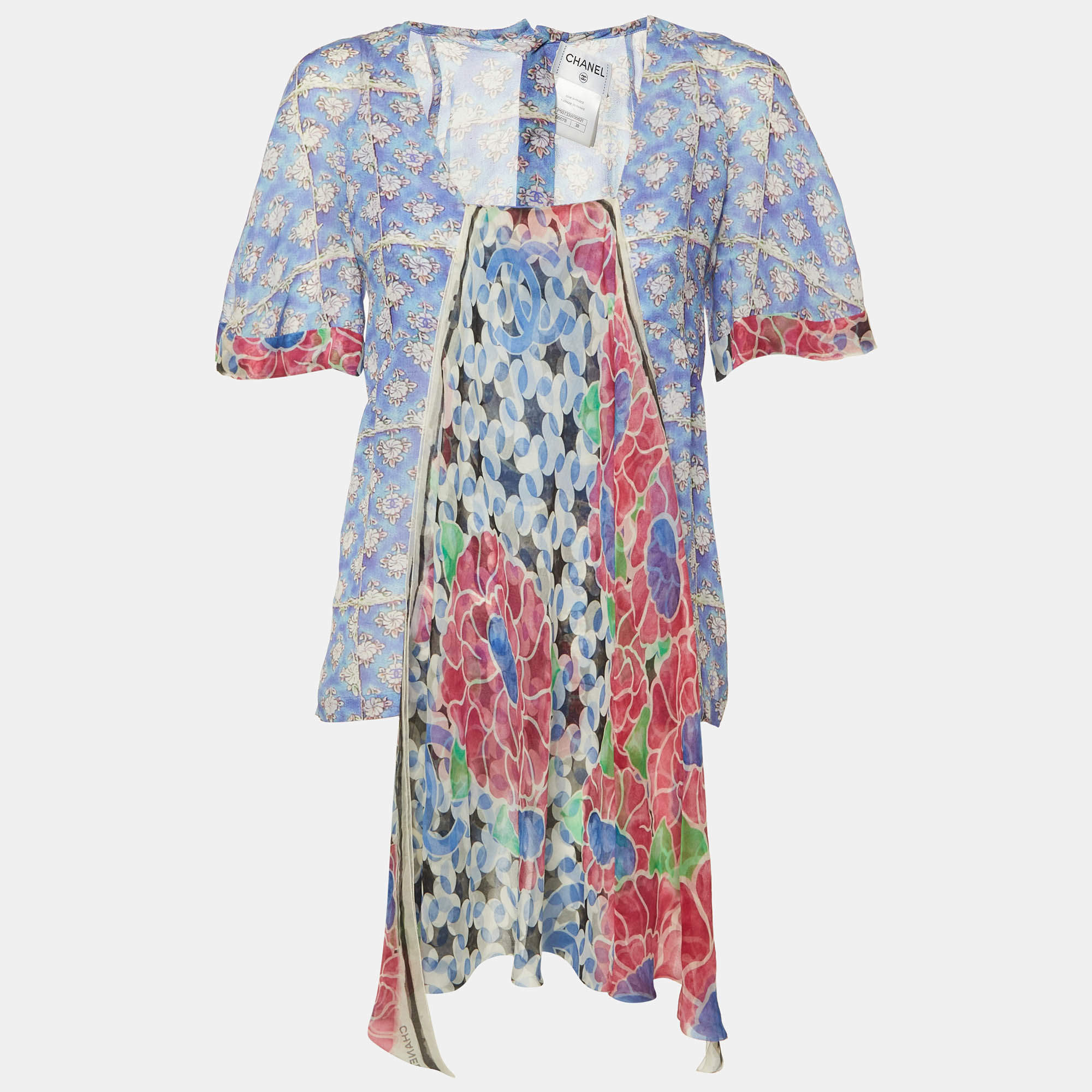 Pre Owned Chanel Blue Floral Print Silk Scarf Detail Blouse M