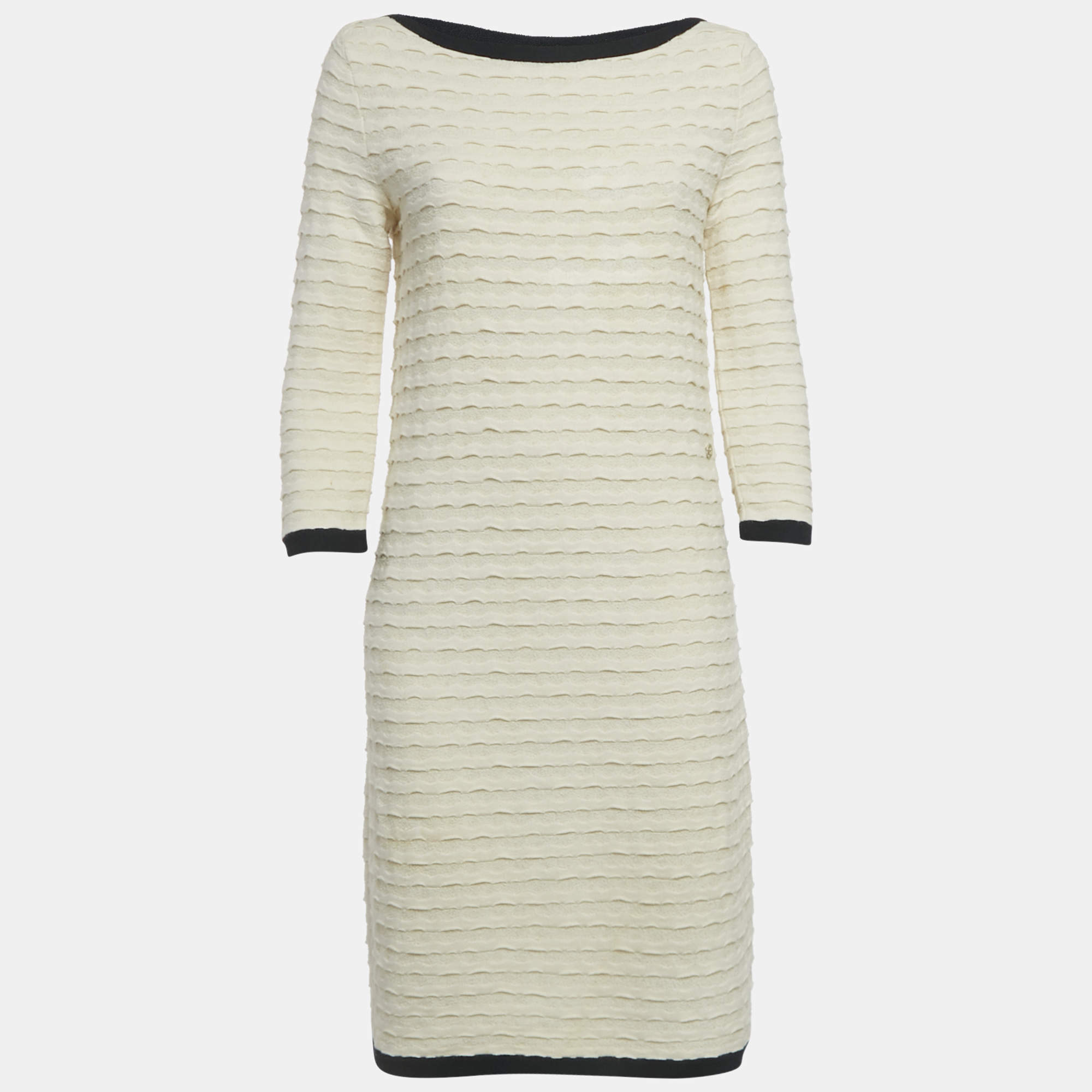 Pre Owned Chanel Cream Textured Knit Midi Dress S