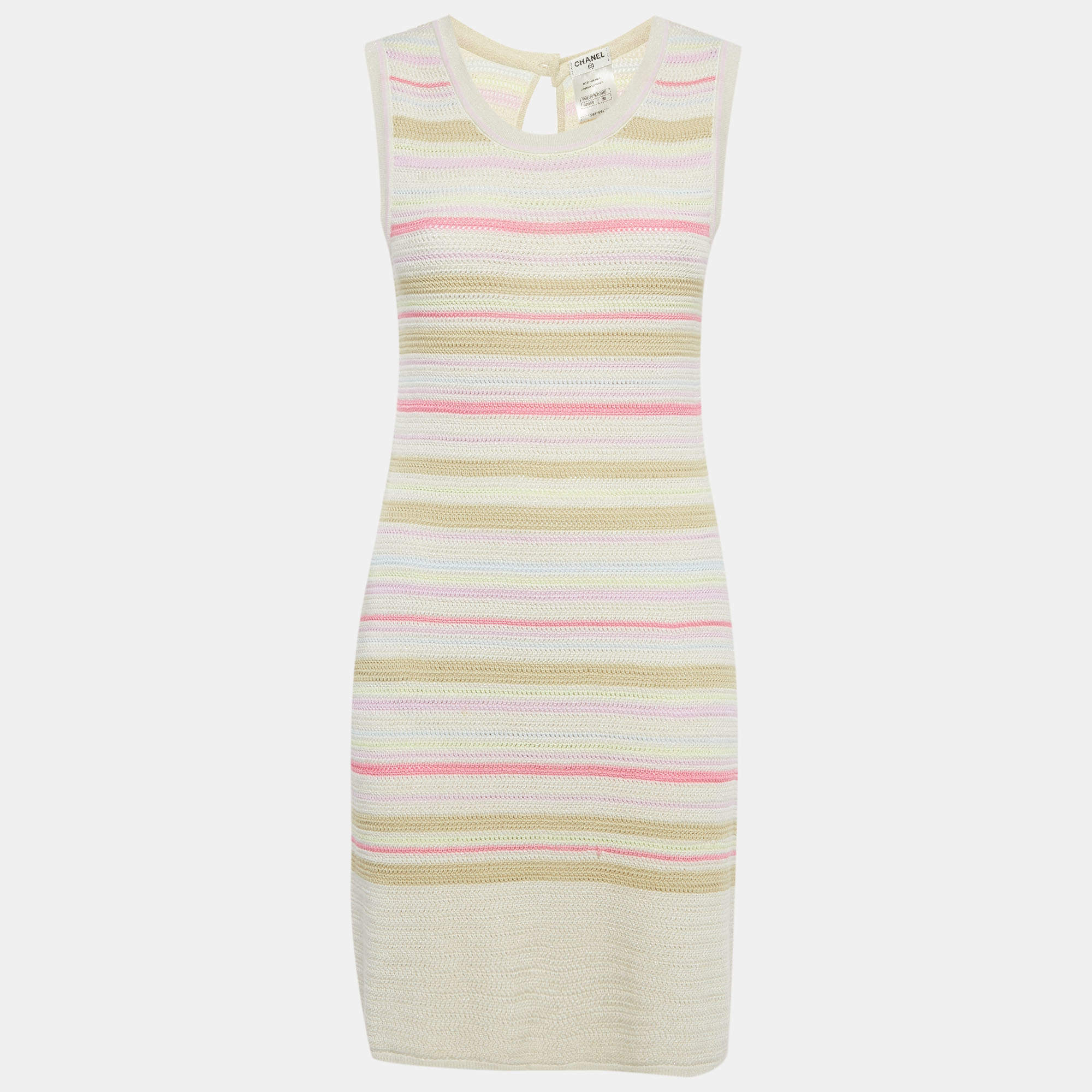 Pre Owned Chanel Pink/Cream Striped Lurex Knit Bodycon Dress M
