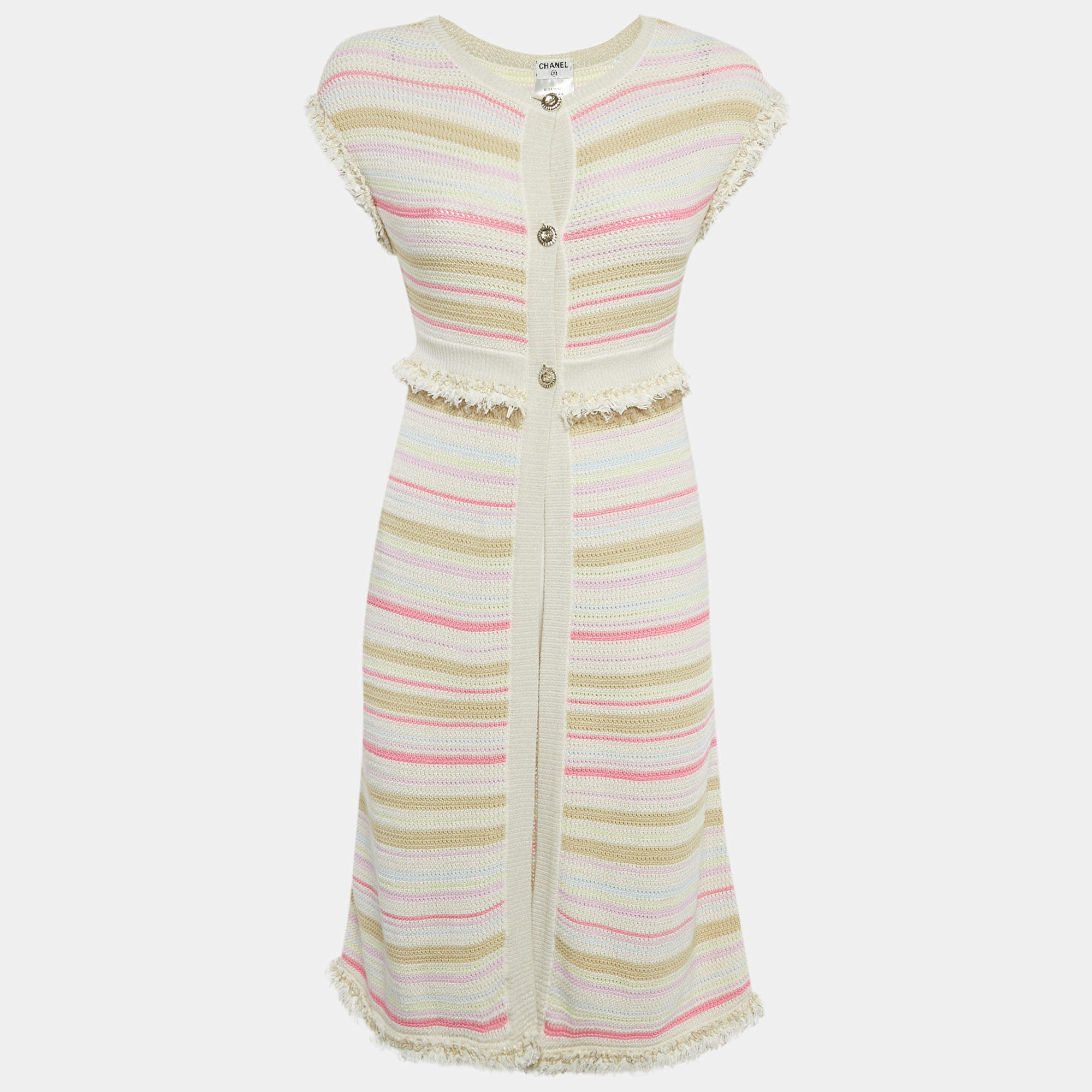 Pre Owned كارديجان شانيل كريمي/وردي مخطط تريكو بأكمام قصيرة صغير