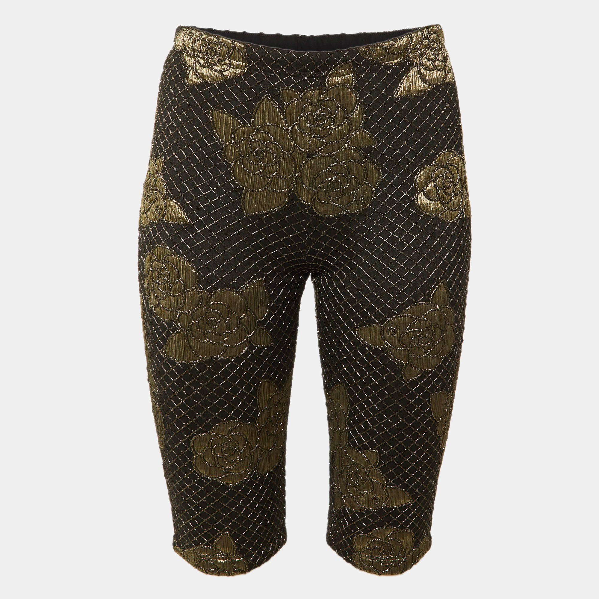 Pre Owned Chanel Black Lurex Camelia Pattern Stretch Jersey Shorts M