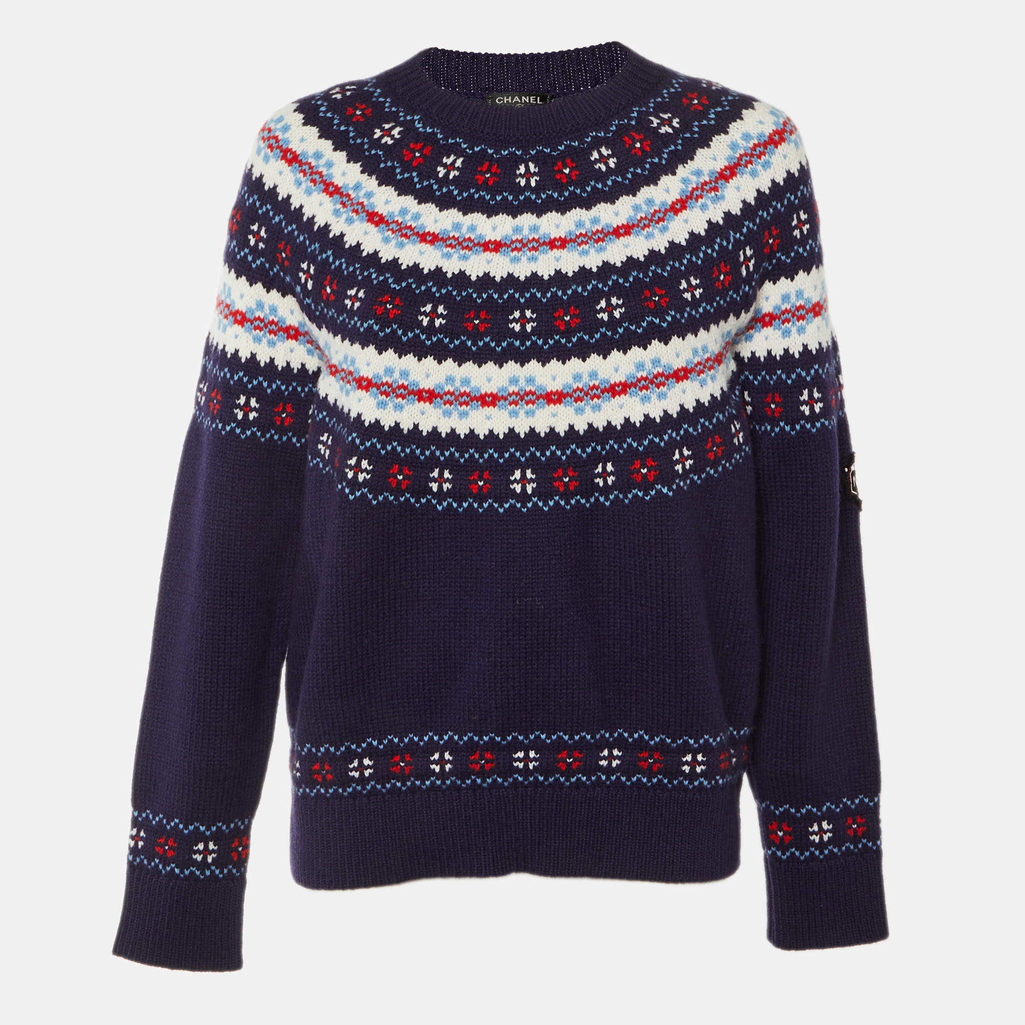 Pre Owned Chanel Navy Blue Coco Neige Wool Crew Neck Jumper M