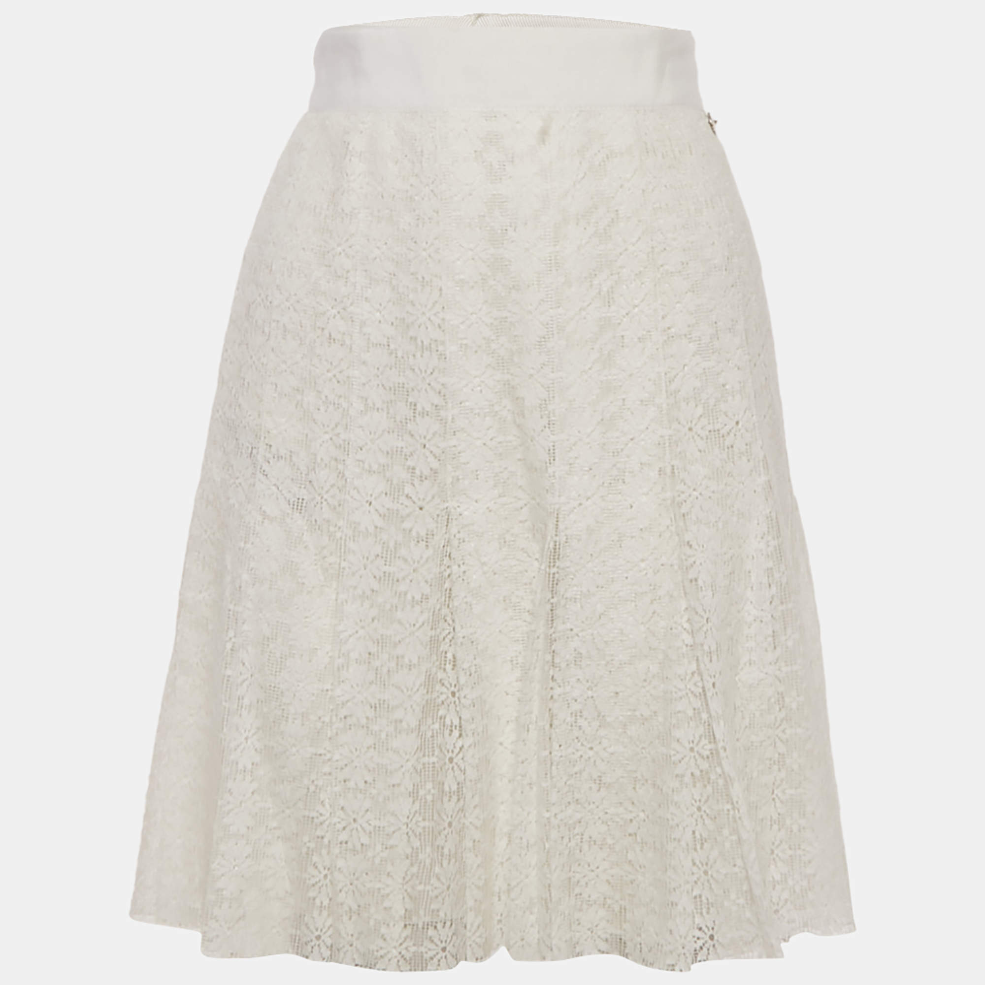 Pre Owned Chanel White Floral Lace Pleated Mini Skirt M