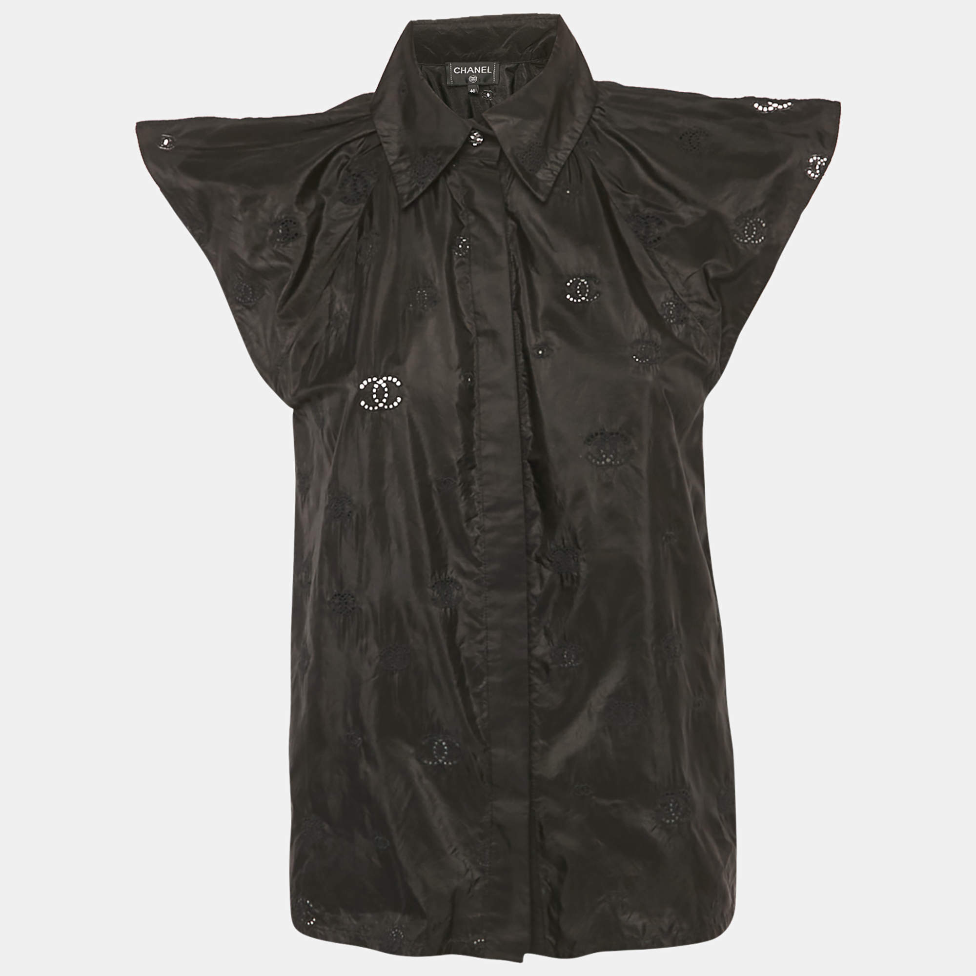 Pre Owned Chanel Black CC Embroidered Silk Sleeveless Shirt M