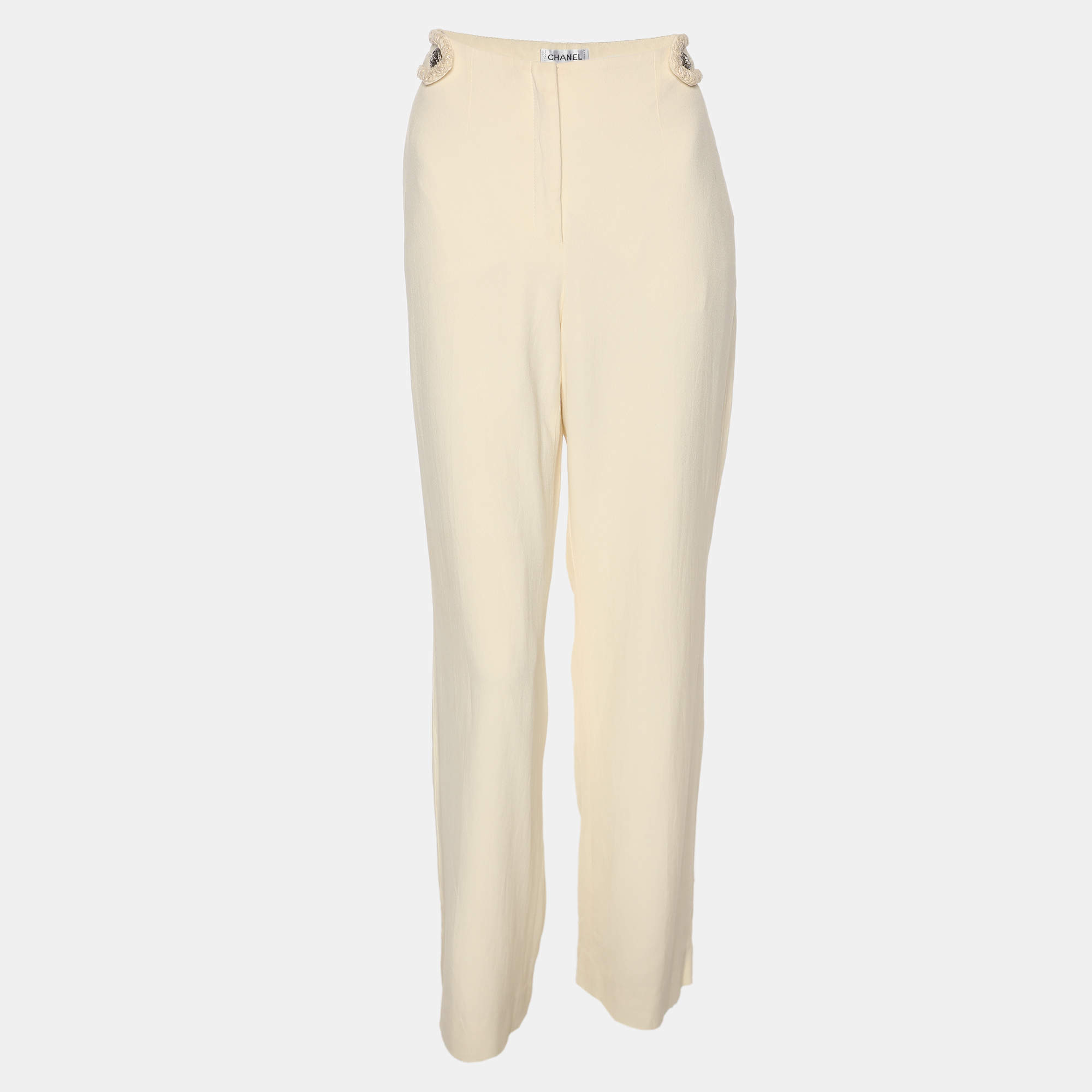 Pre Owned Chanel Cream Crepe Trousers M