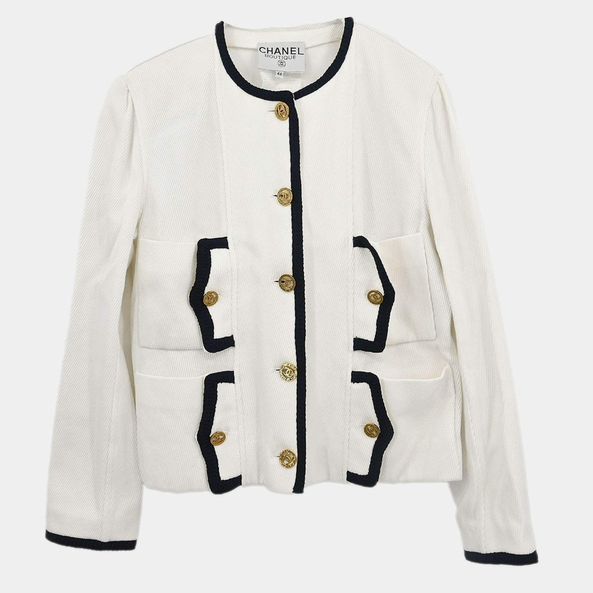 Pre Owned Chanel Single Breasted Collarless Jacket White Size L