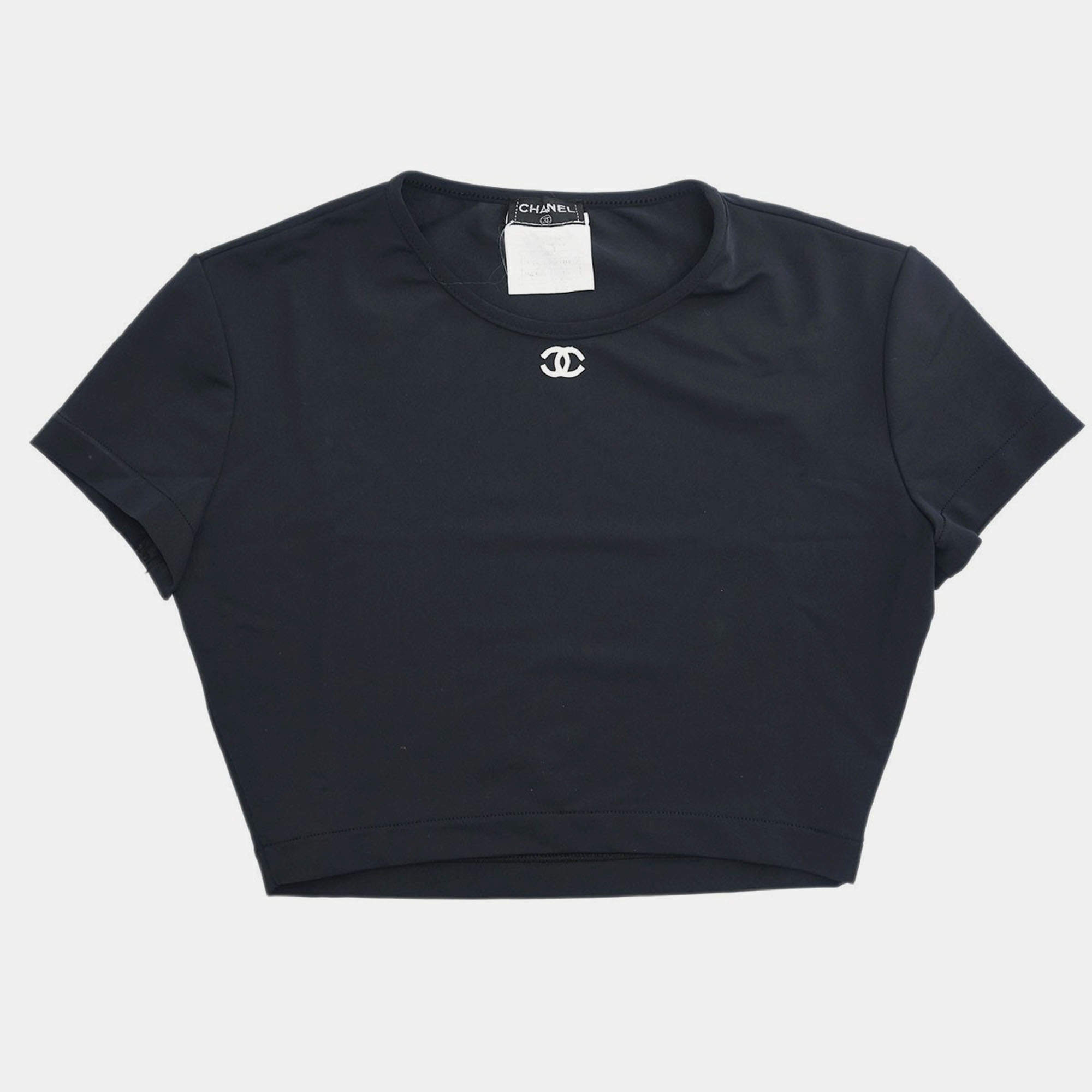 Pre Owned Chanel Cropped T-shirt Top Black Size M