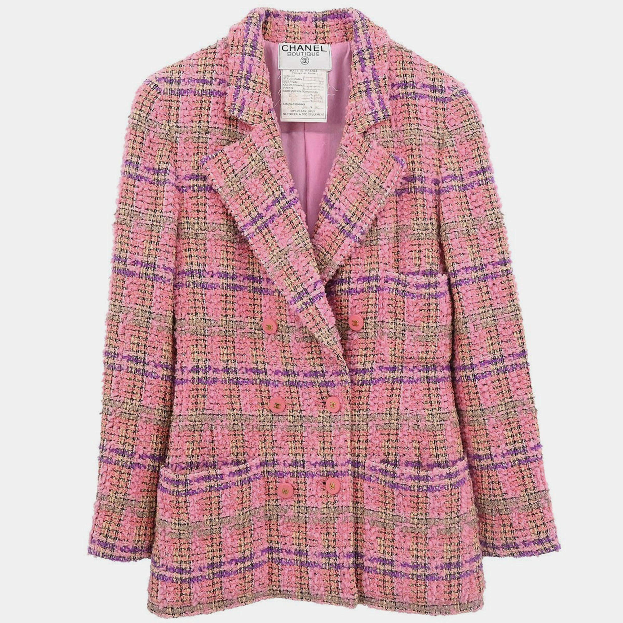 Pre Owned Chanel Double Breasted Jacket Tweed Pink Size S