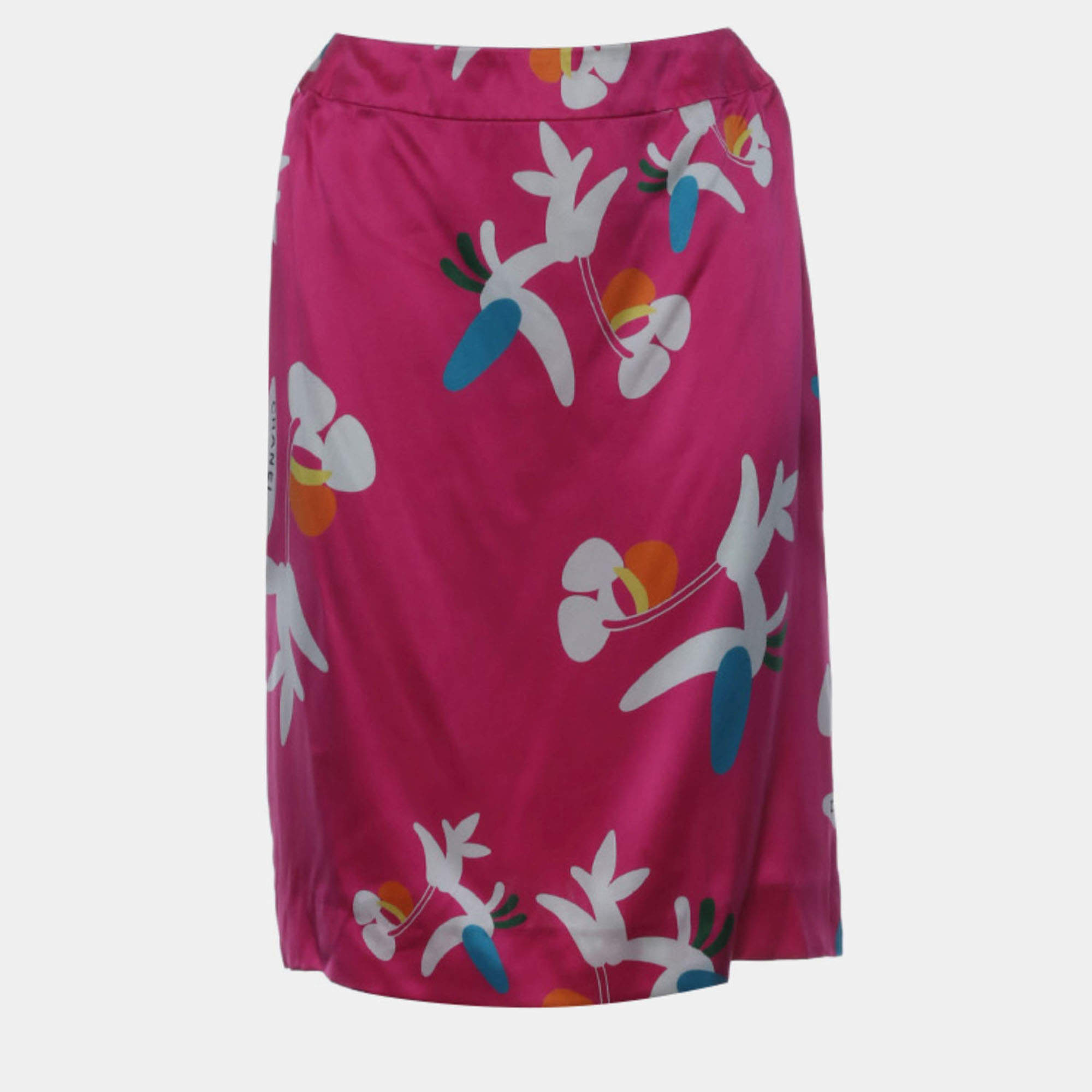 Pre Owned Chanel Pink Floral Logo Printed Silk Skirt
