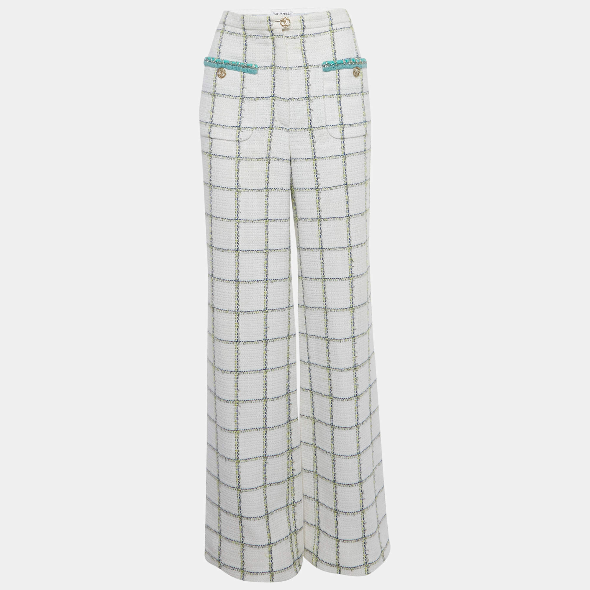 Pre Owned Chanel White Tweed Wide Leg Trousers M