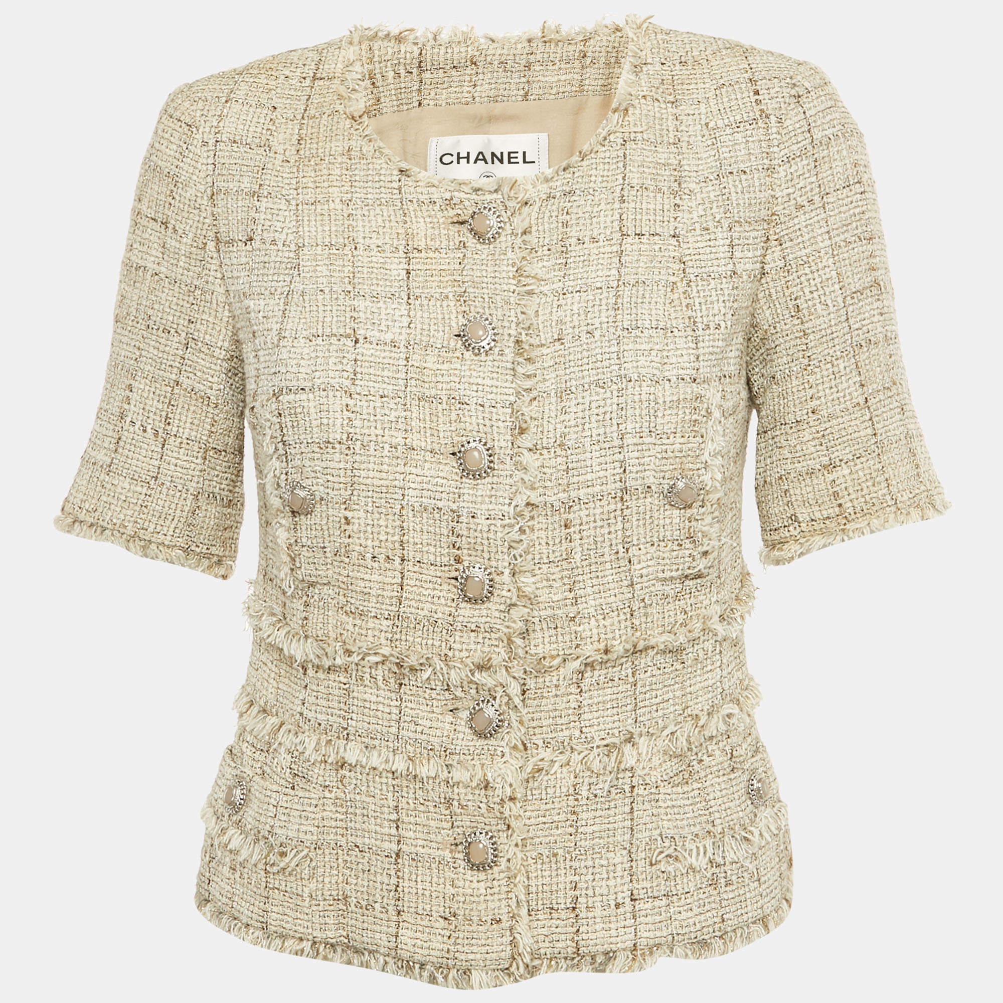 Pre Owned Chanel Beige Tweed Lamé Raw Edge Jacket M