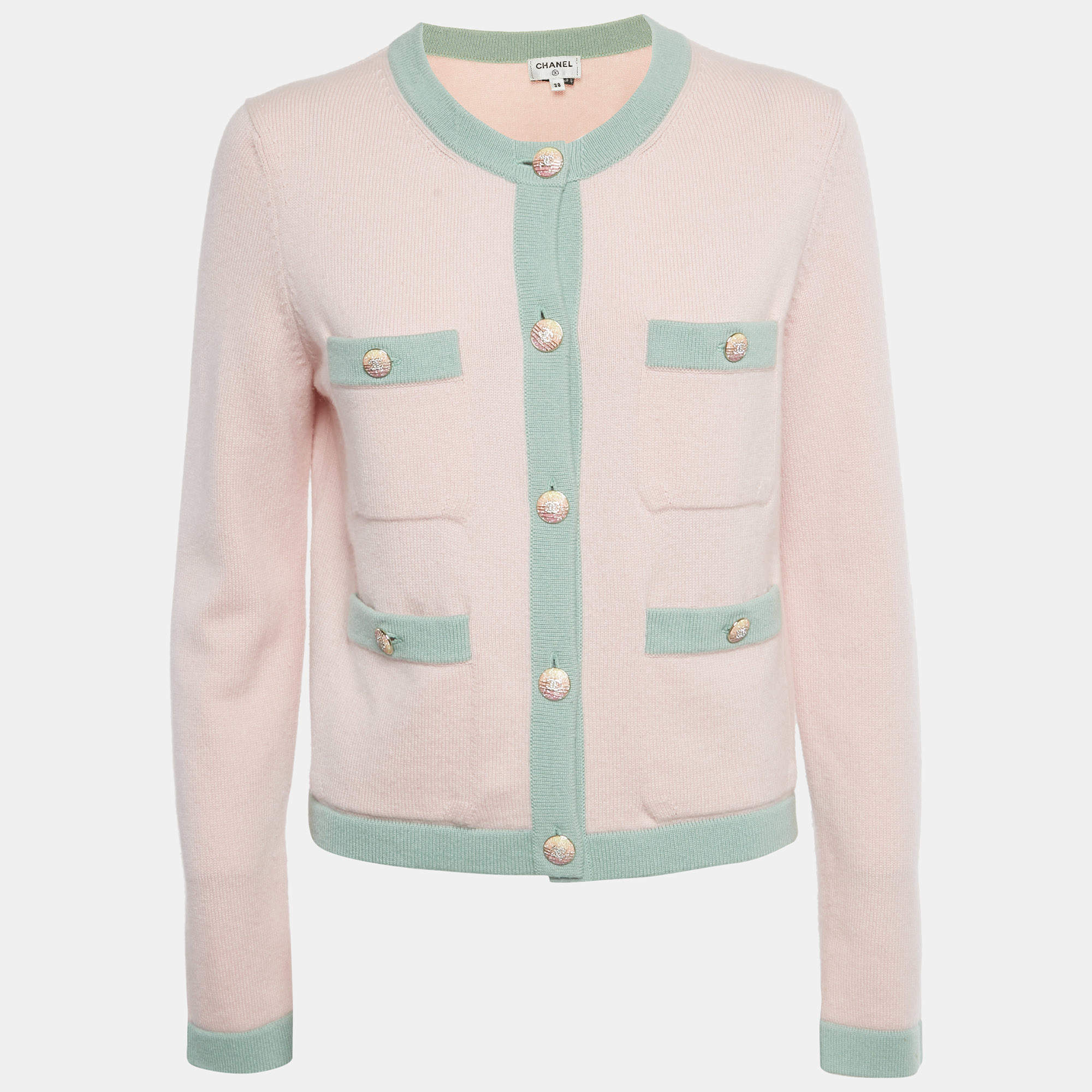 Pre Owned Chanel Pink /Mint Green Cashmere Pocket Front Cardigan M
