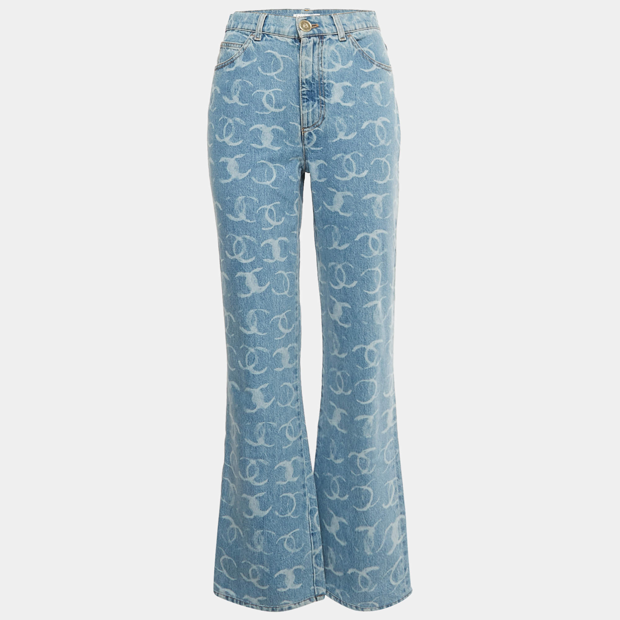 Pre Owned Chanel Blue CC Pattern Denim Sequin Pocket Jeans M/Waist 28"