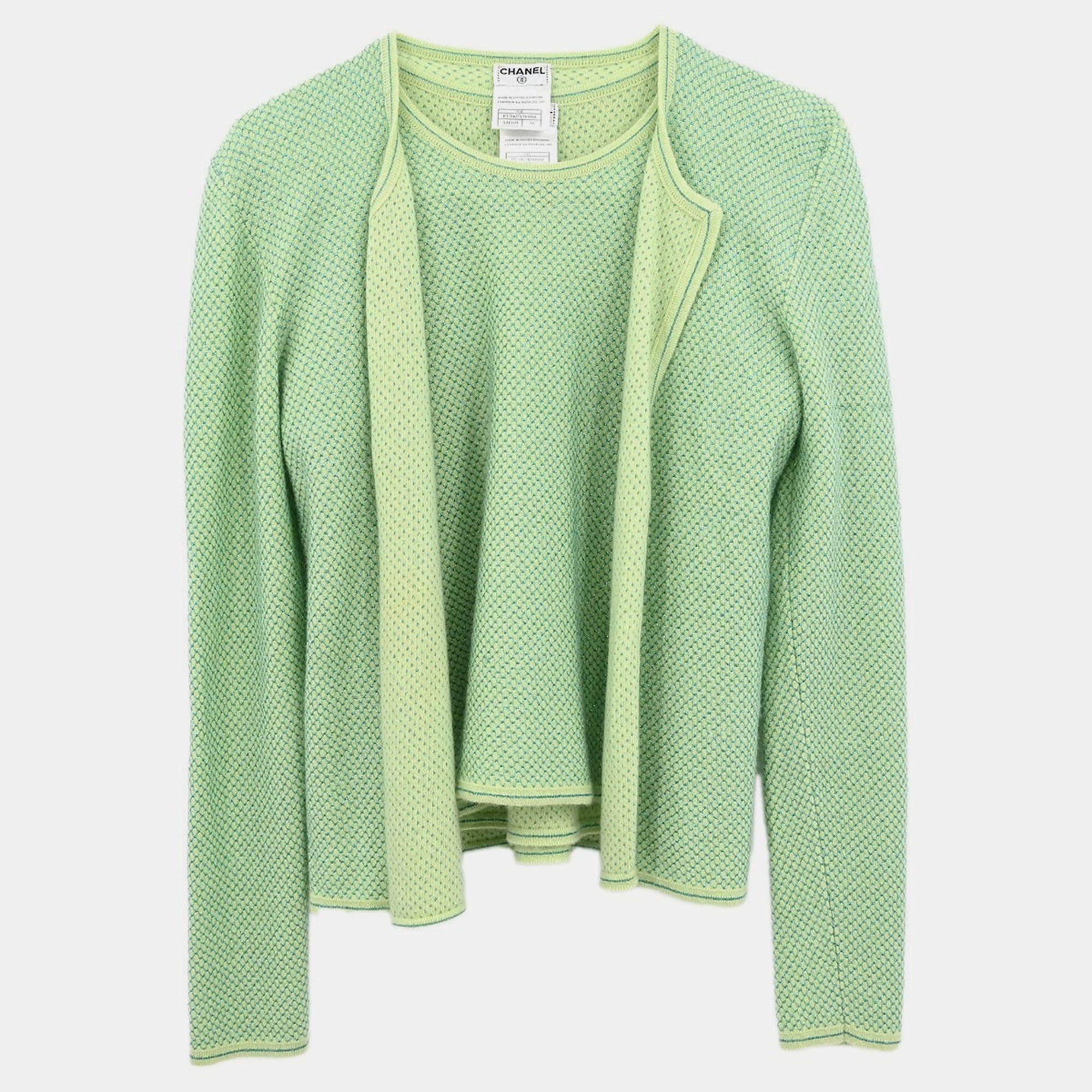 Pre Owned Chanel Ensemble Cardigan Short Sleeve Top Light Green 01C #38