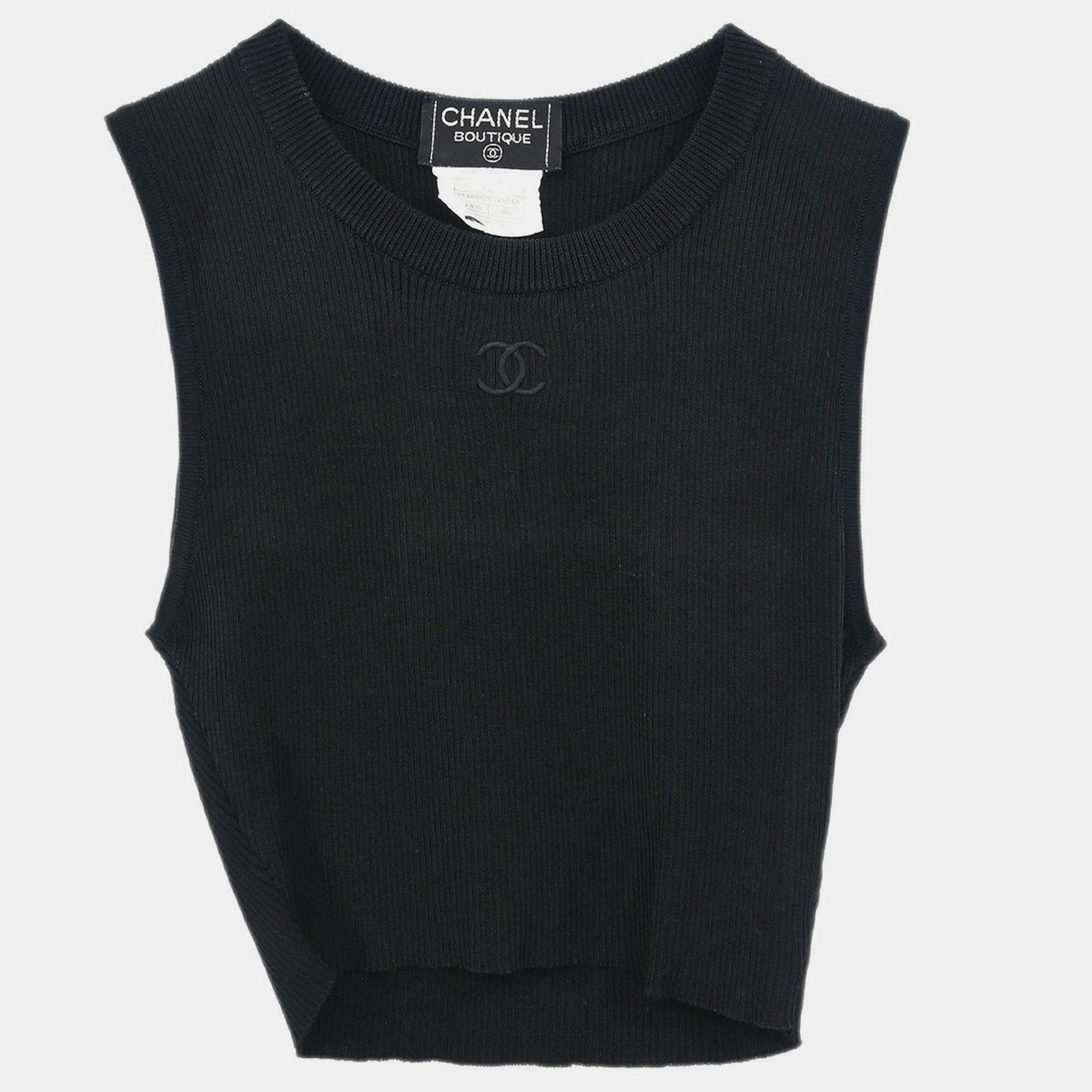 Pre Owned Chanel Sleeveless Tank Top Cropped Black P95 #40