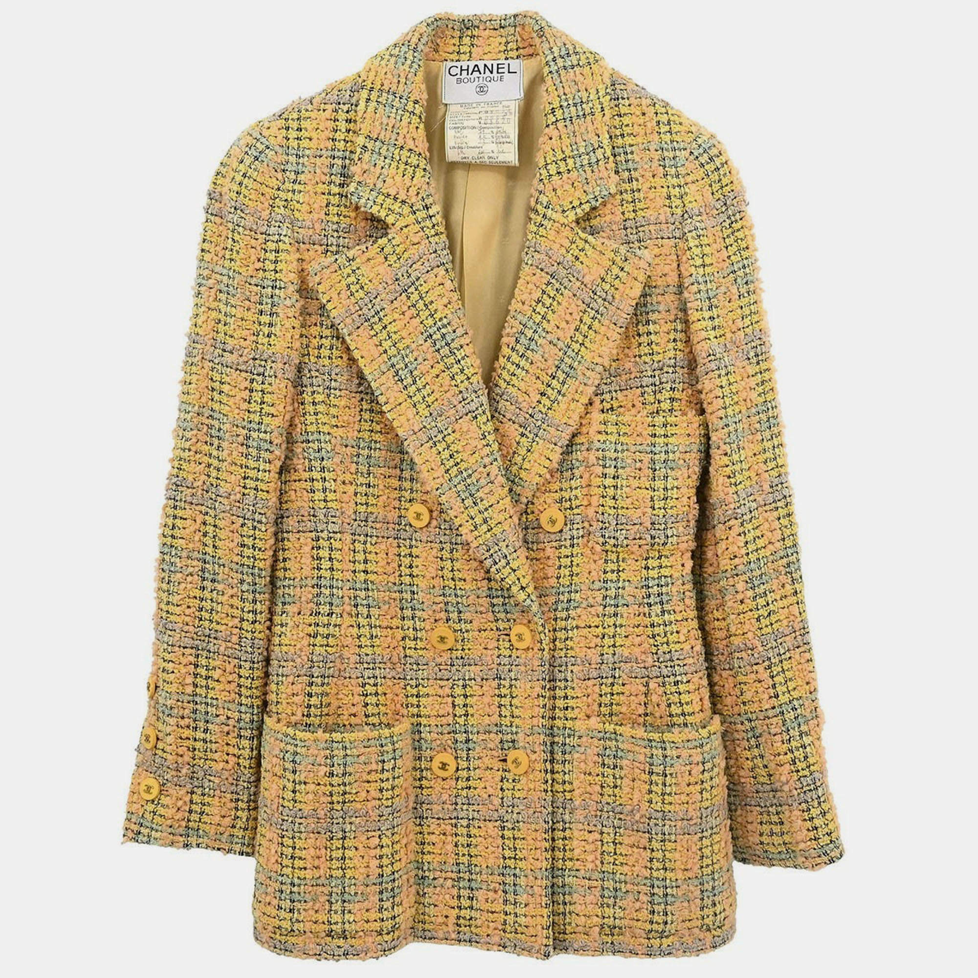 Pre Owned Chanel Double Breasted Jacket Tweed Yellow 94A #36
