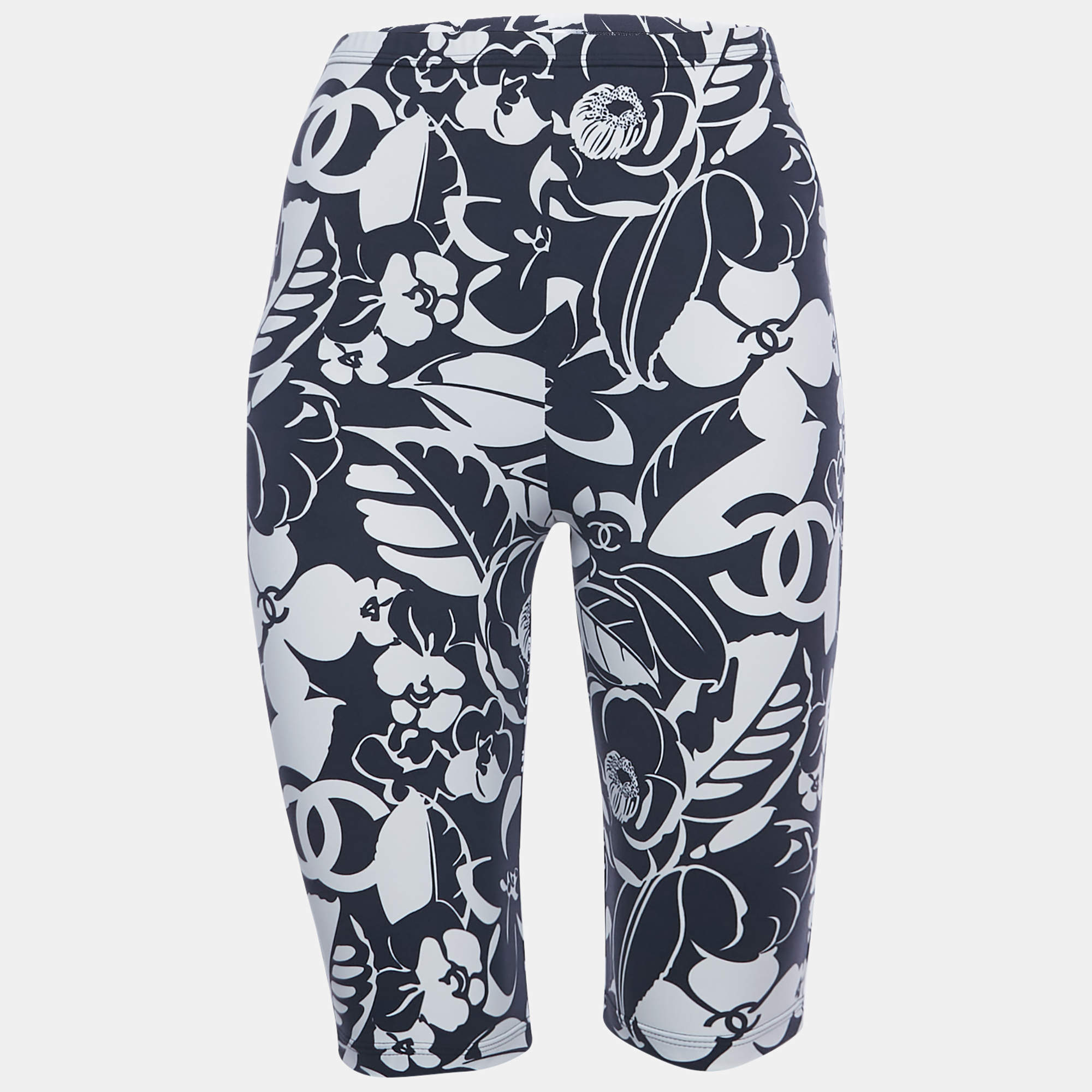 Pre Owned Chanel Navy Blue/White Floral Print Jersey Biker Shorts S