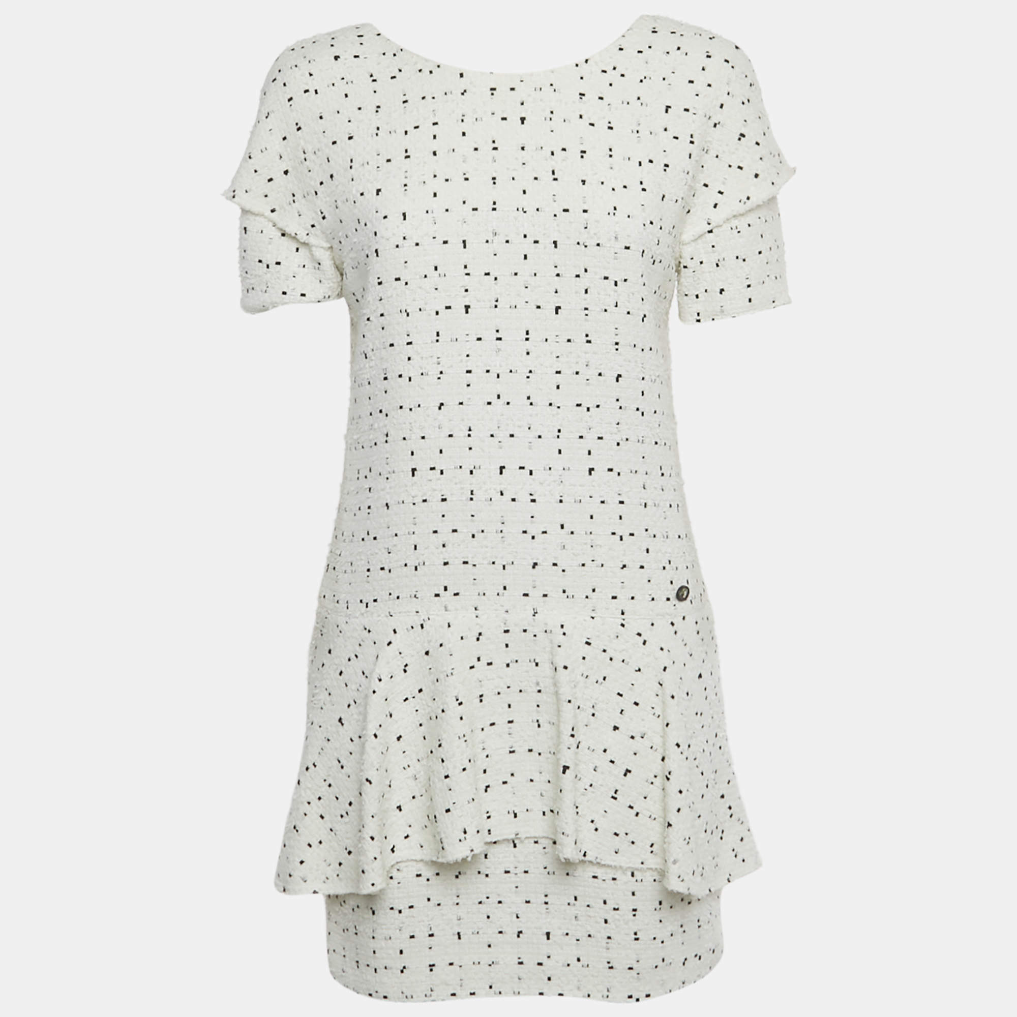 Pre Owned Chanel White Patterned Tweed Flared Mini Dress M