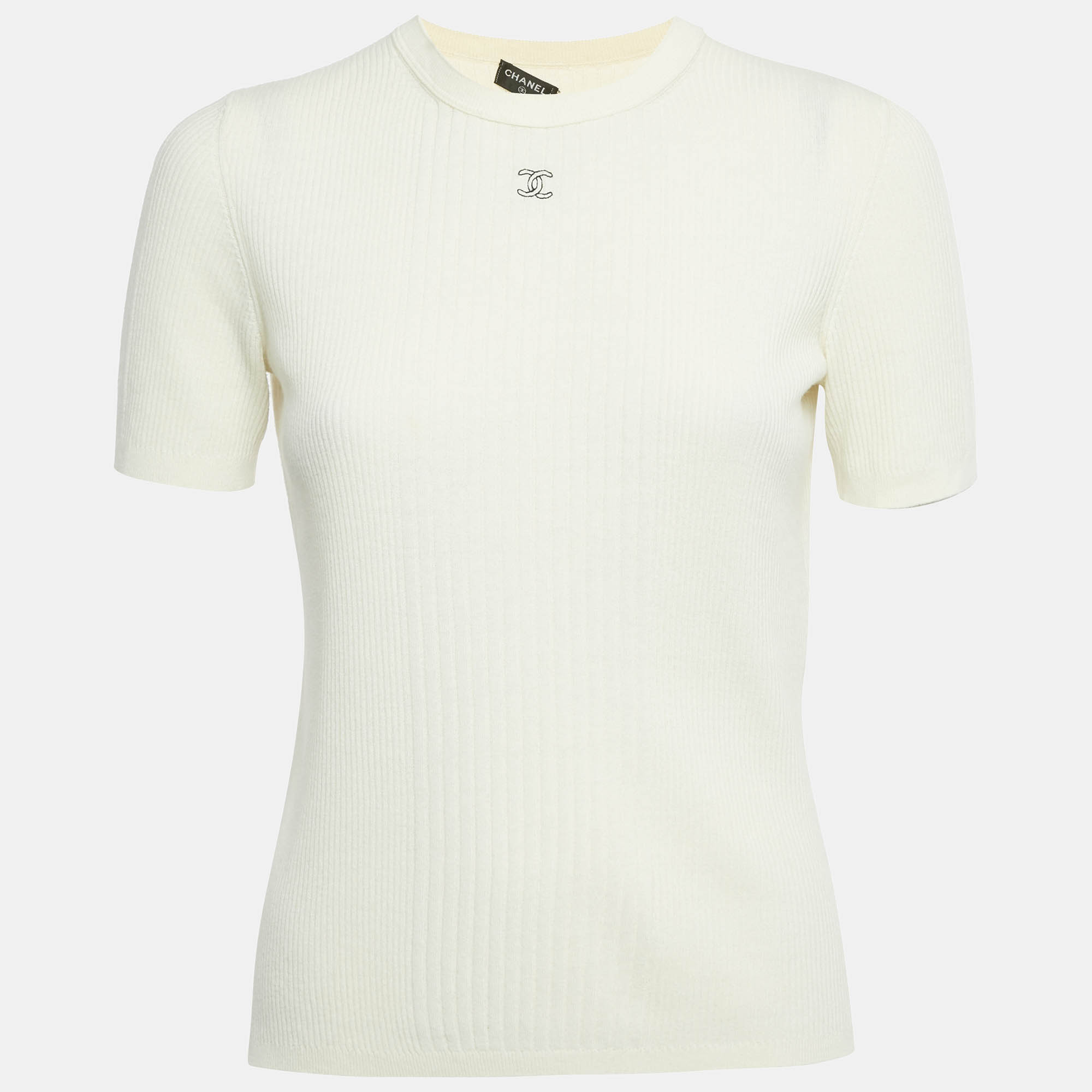 Pre Owned Chanel Cream Logo Embroidered Rib Knit Top S
