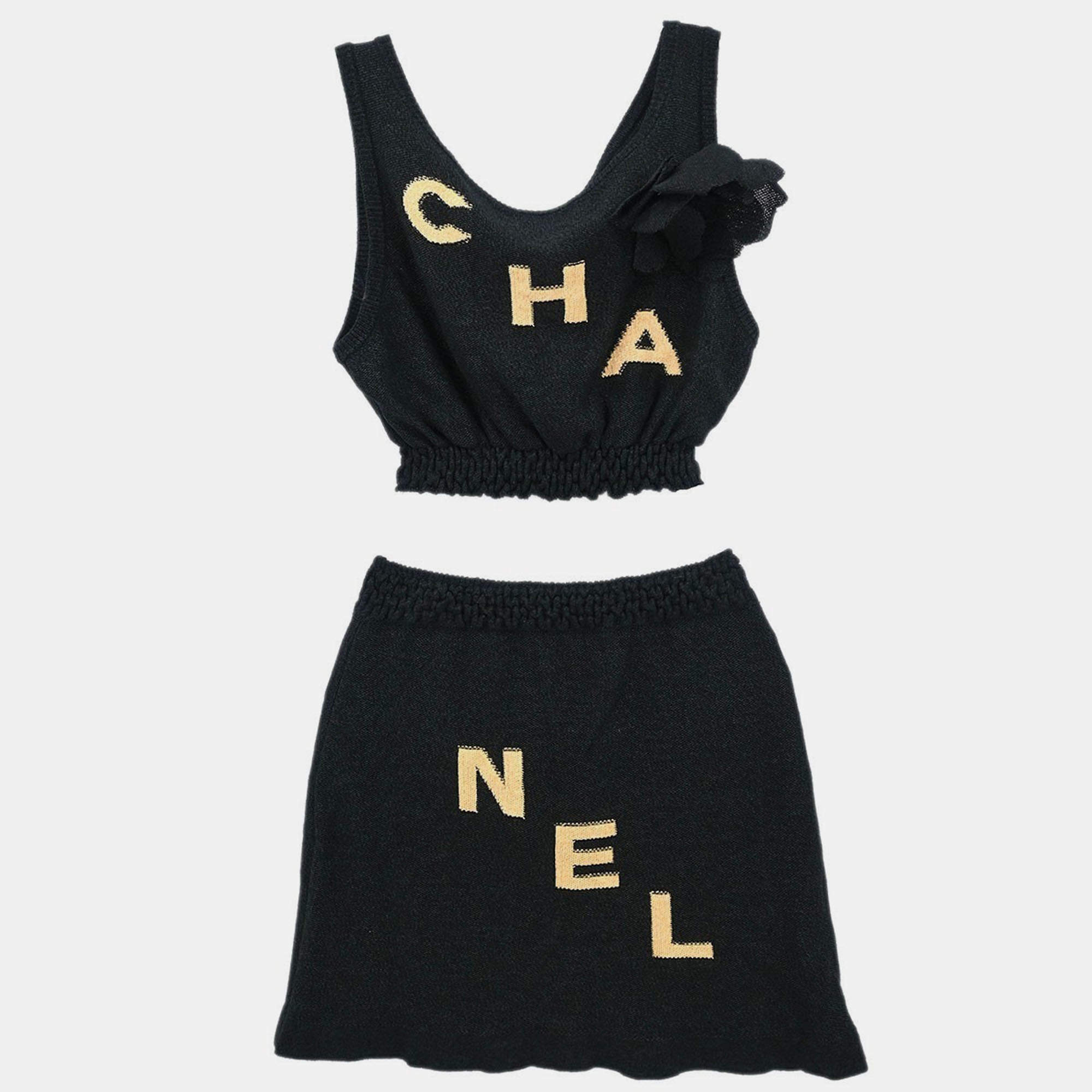 Pre Owned Chanel Setup Suit Cropped Top Pants Skirt Black #34