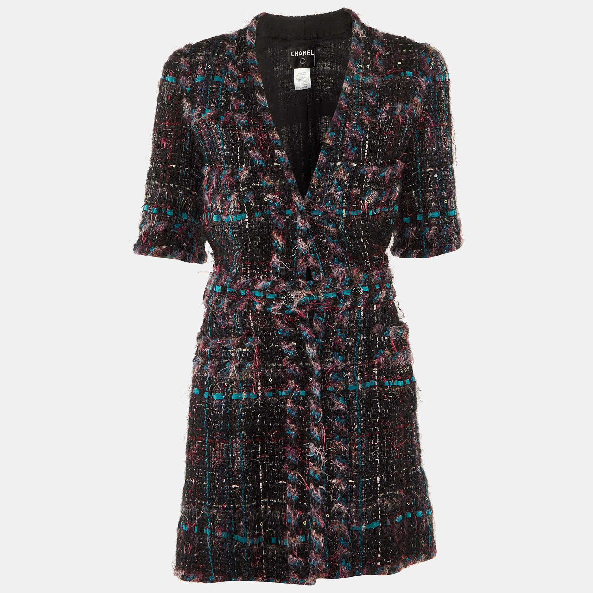 Pre Owned Chanel Black/Purple Tweed Belted Long Jacket M 