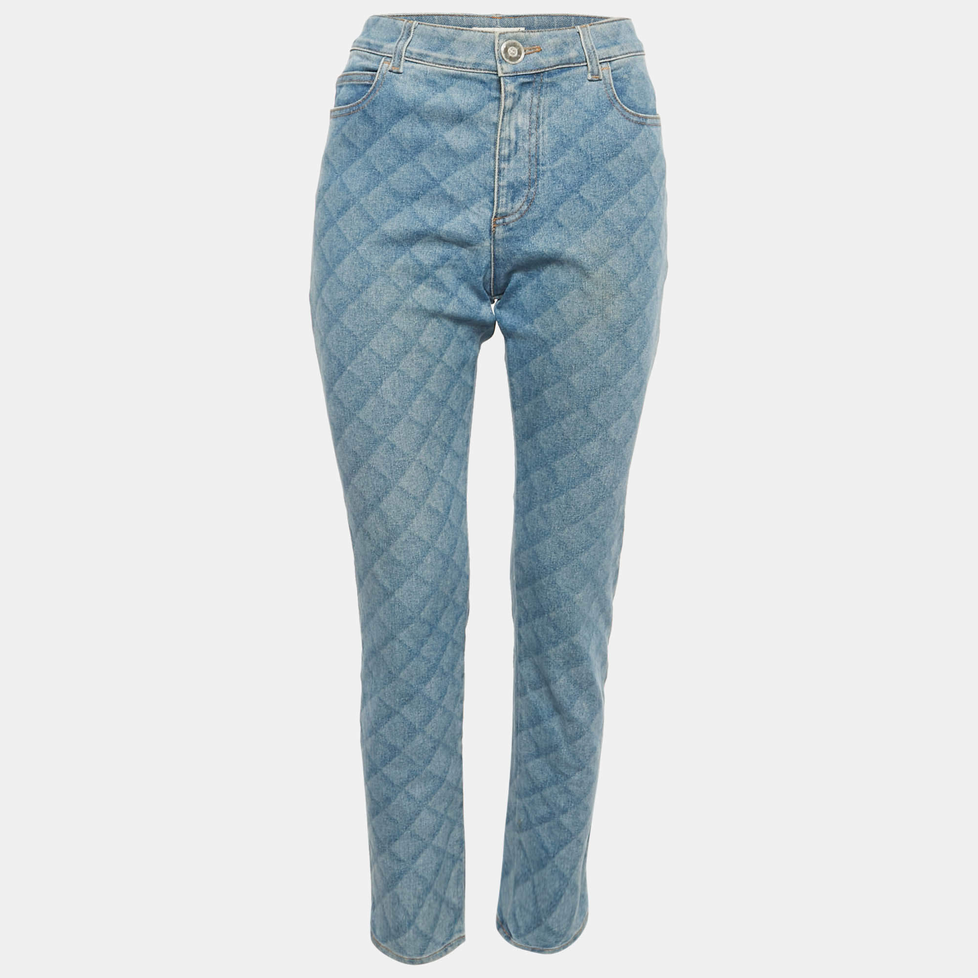 Pre Owned Chanel Blue Pattered Denim Slim Fit Jeans L Waist 27"