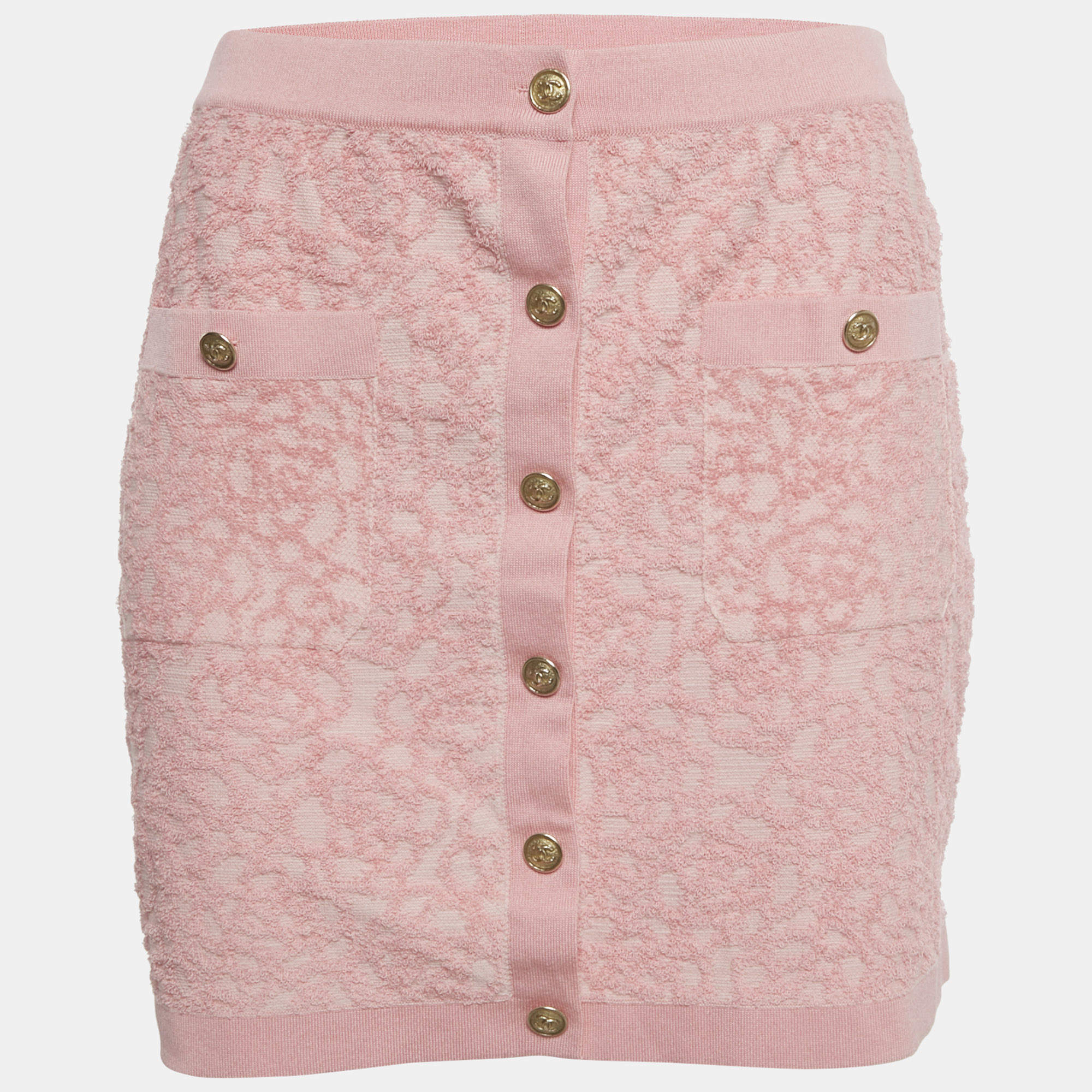 Pre Owned Chanel Baby Pink Rose Patterned Cotton Blend Mini Skirt S 
