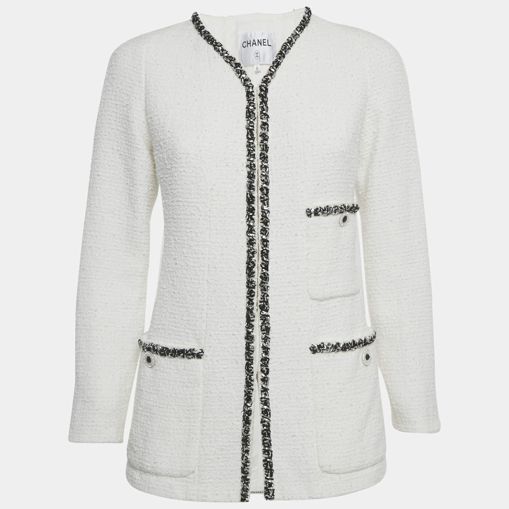 Pre Owned Chanel White Tweed Open Front Jacket S