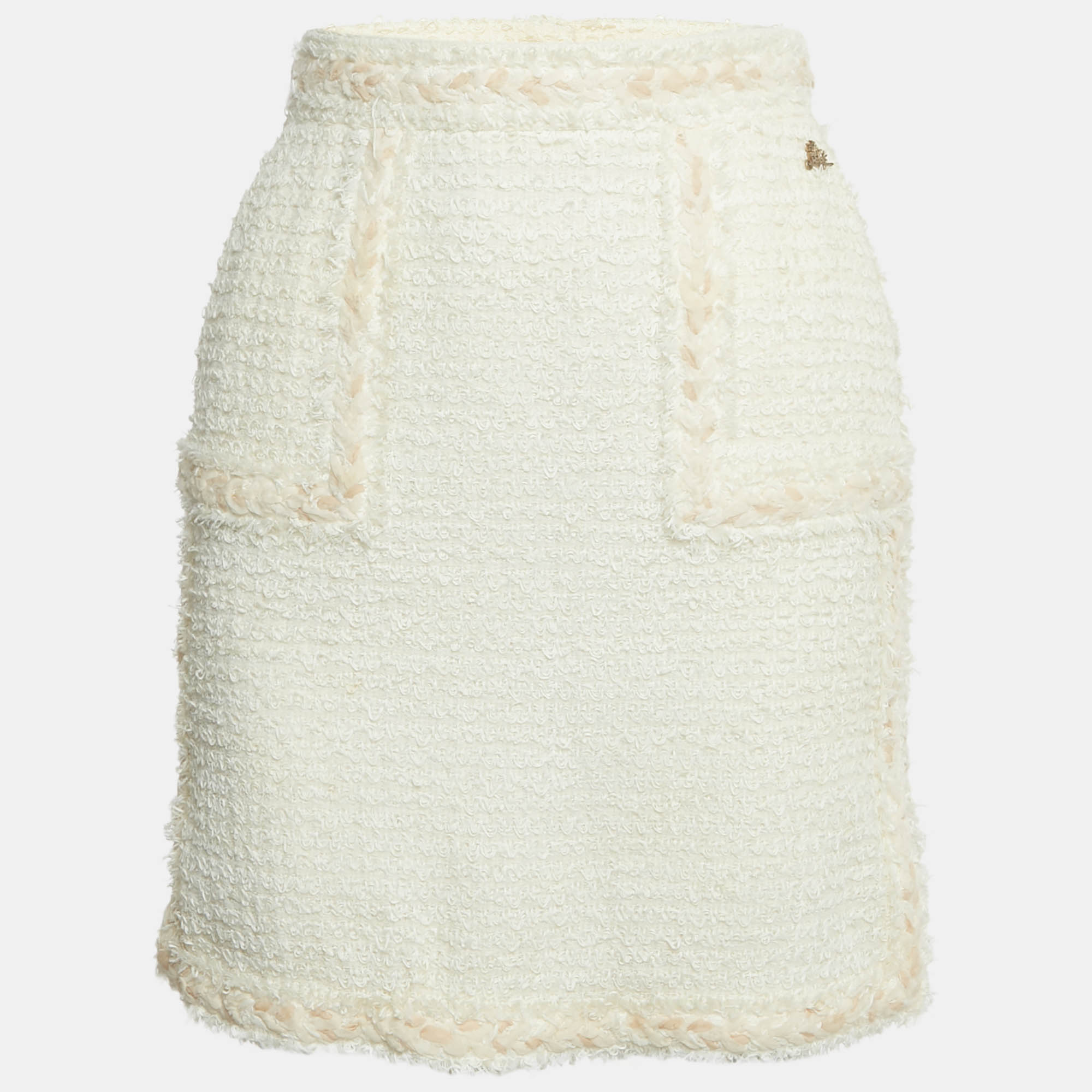 Pre Owned Chanel White Tweed Pencil Skirt S