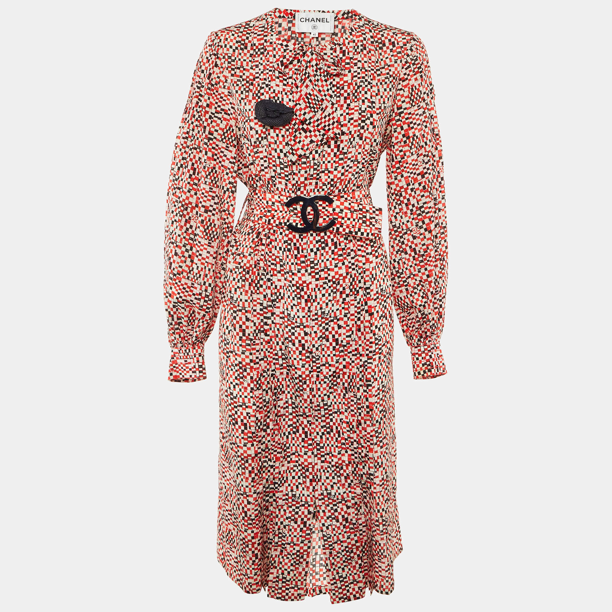 مملوكة مسبقًا Chanel Red CC Check Print Silk Belted Midi Dress M