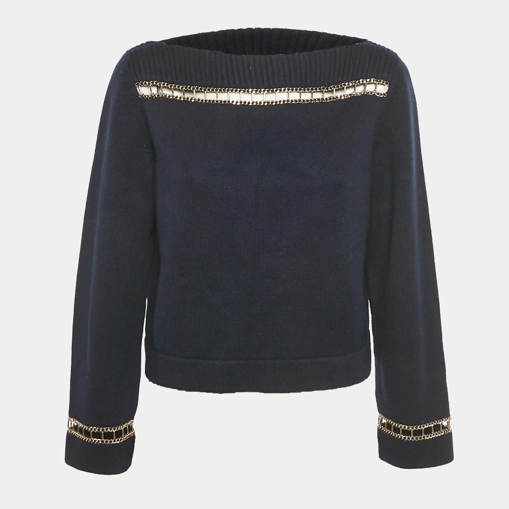 Pre Owned Chanel Navy Blue Cut-Out Chain Cashmere Sweater S