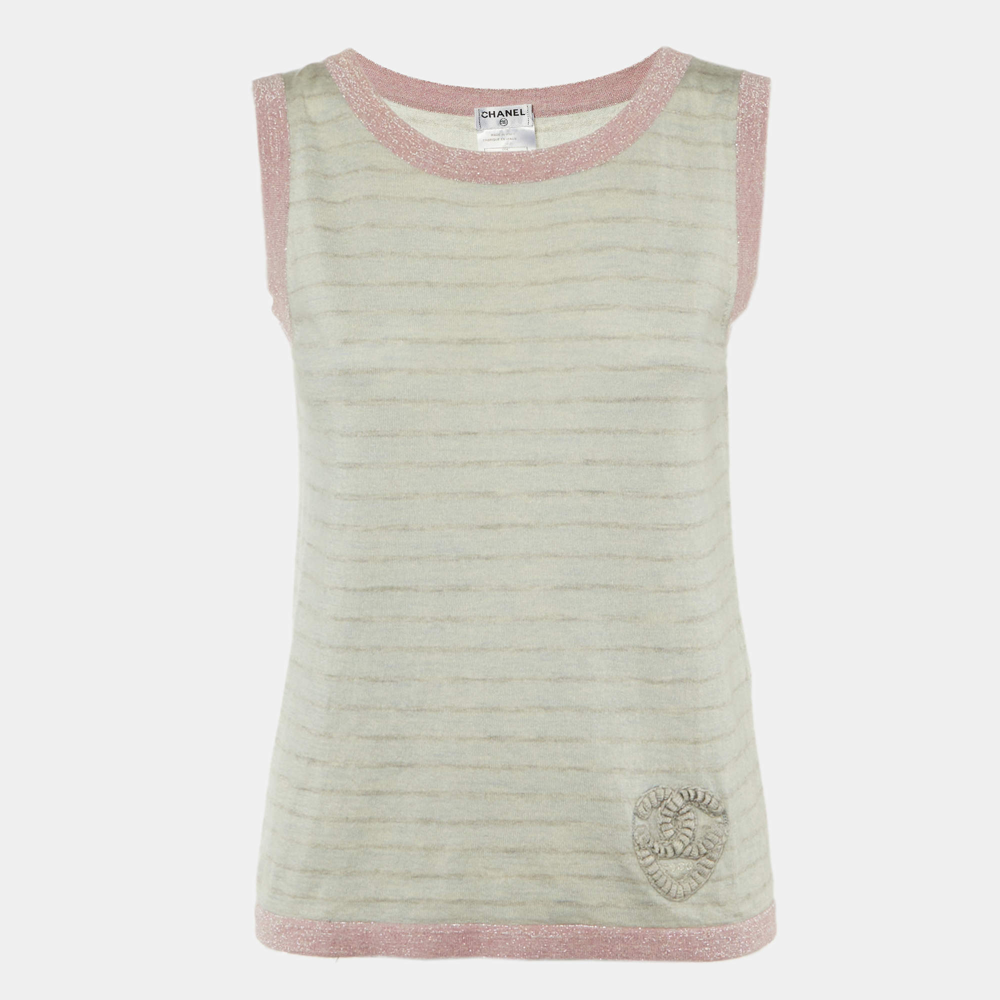 Pre Owned Chanel Grey Patterned Sleeveless Cashmere Blend Knit Top L