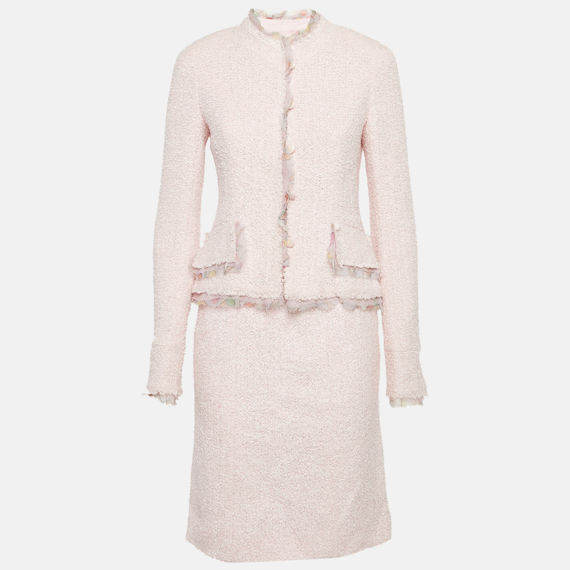 Pre Owned Chanel Pink Silk Trim Tweed Blazer and Skirt Set M