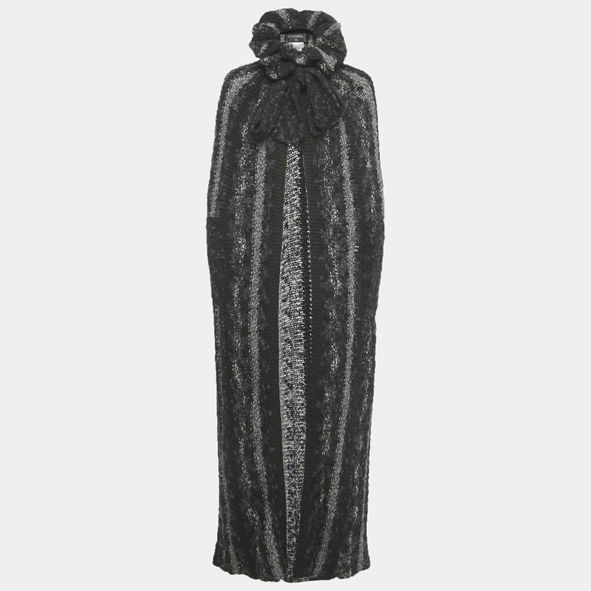 Pre Owned Chanel Multicolor Wool Knit Tie Detail Open Front Long Cape S