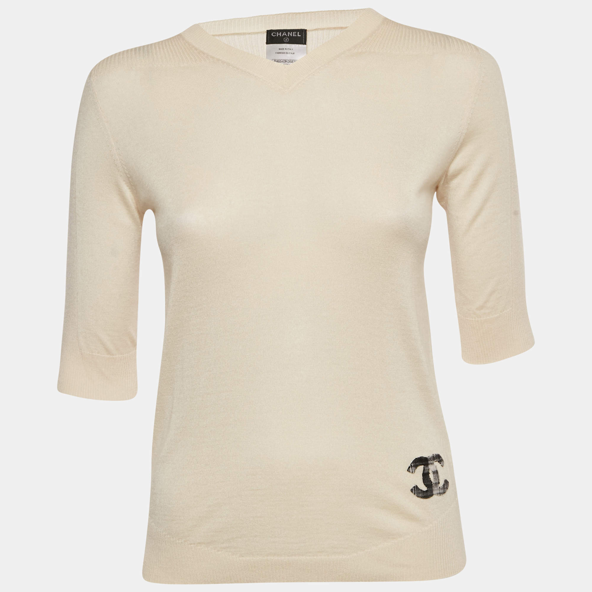 Pre Owned Chanel Cream Cashmere Knit V-Neck Top S
