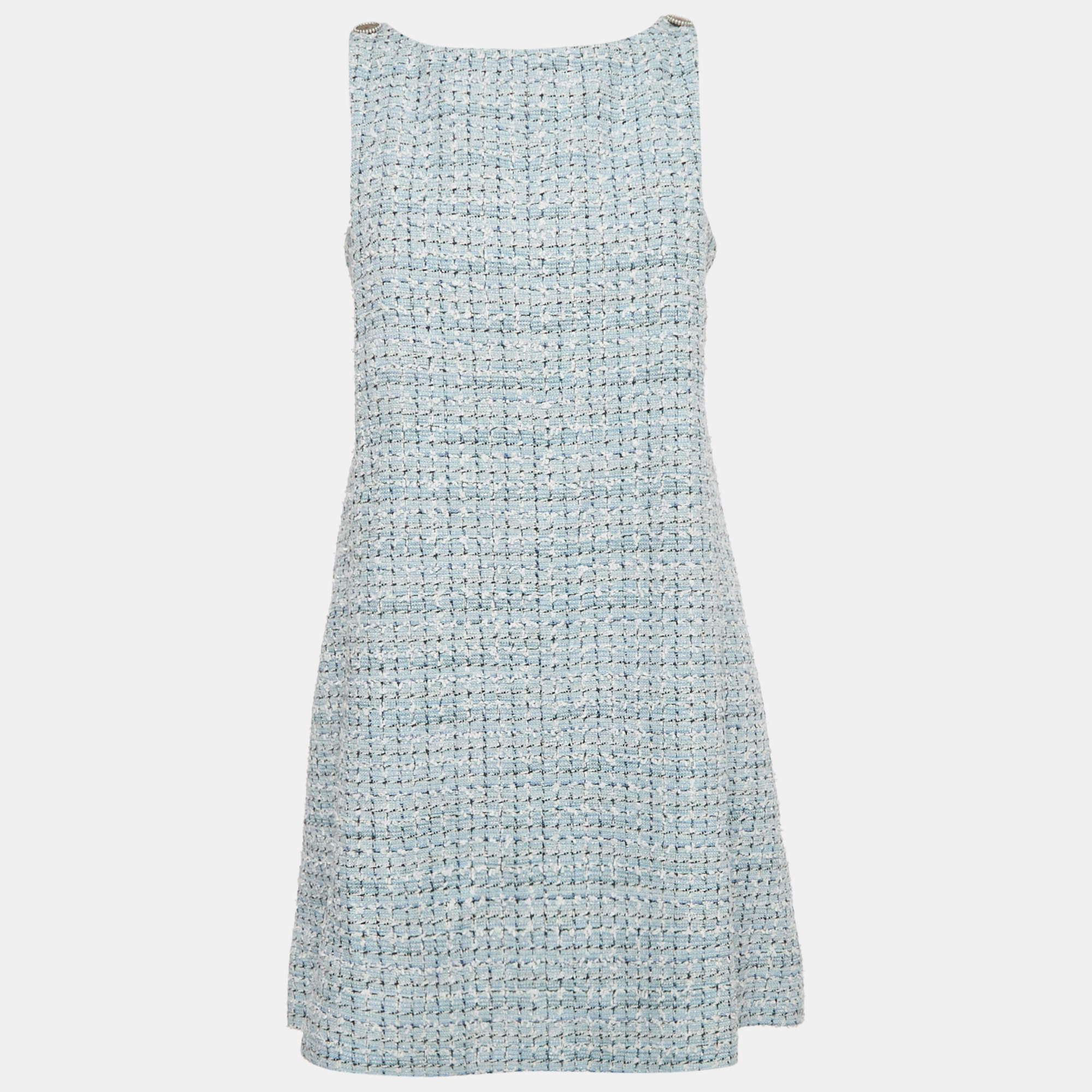 Pre Owned Chanel Blue Tweed Sleeveless Mini Dress M