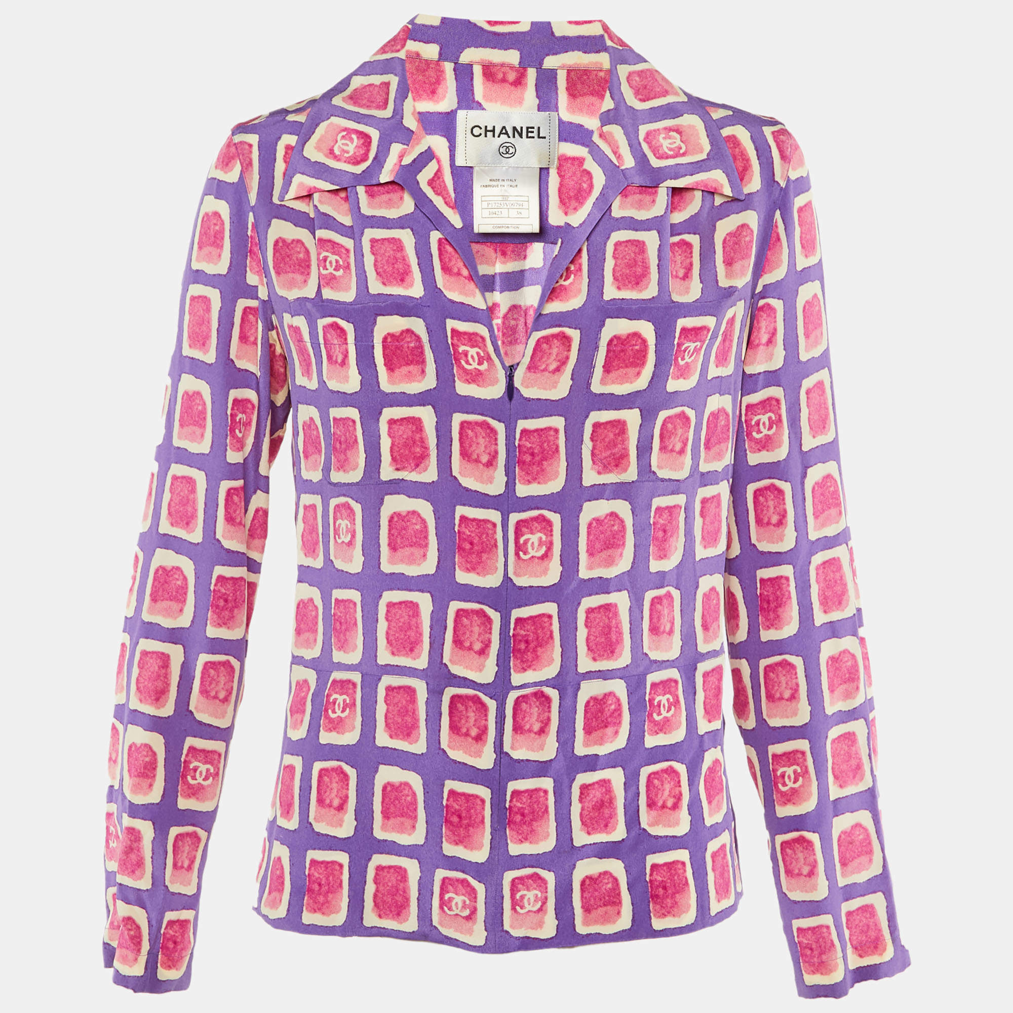 Pre Owned Chanel Purple and Pink Watercolor Print Silk Zip Up Blouse M