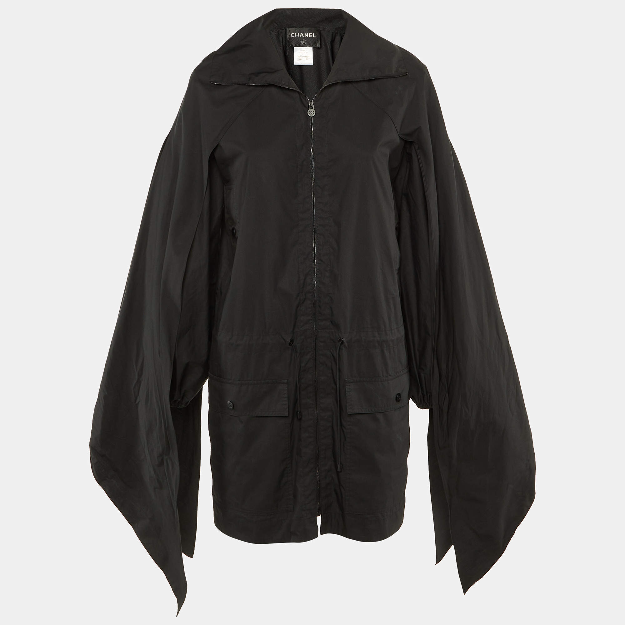 Pre Owned Chanel Black Cotton & Nylon Sleeve Tie Detail Windbreaker Jacket S