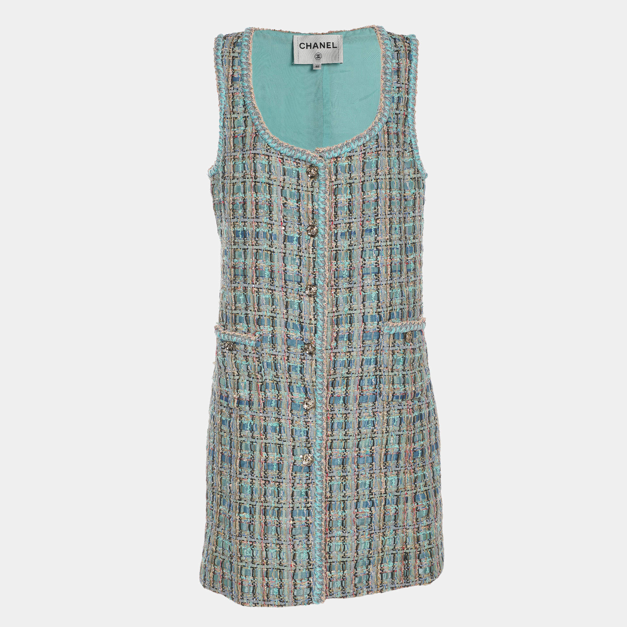 Pre Owned Chanel Turquoise Blue Tweed Mini Dress M