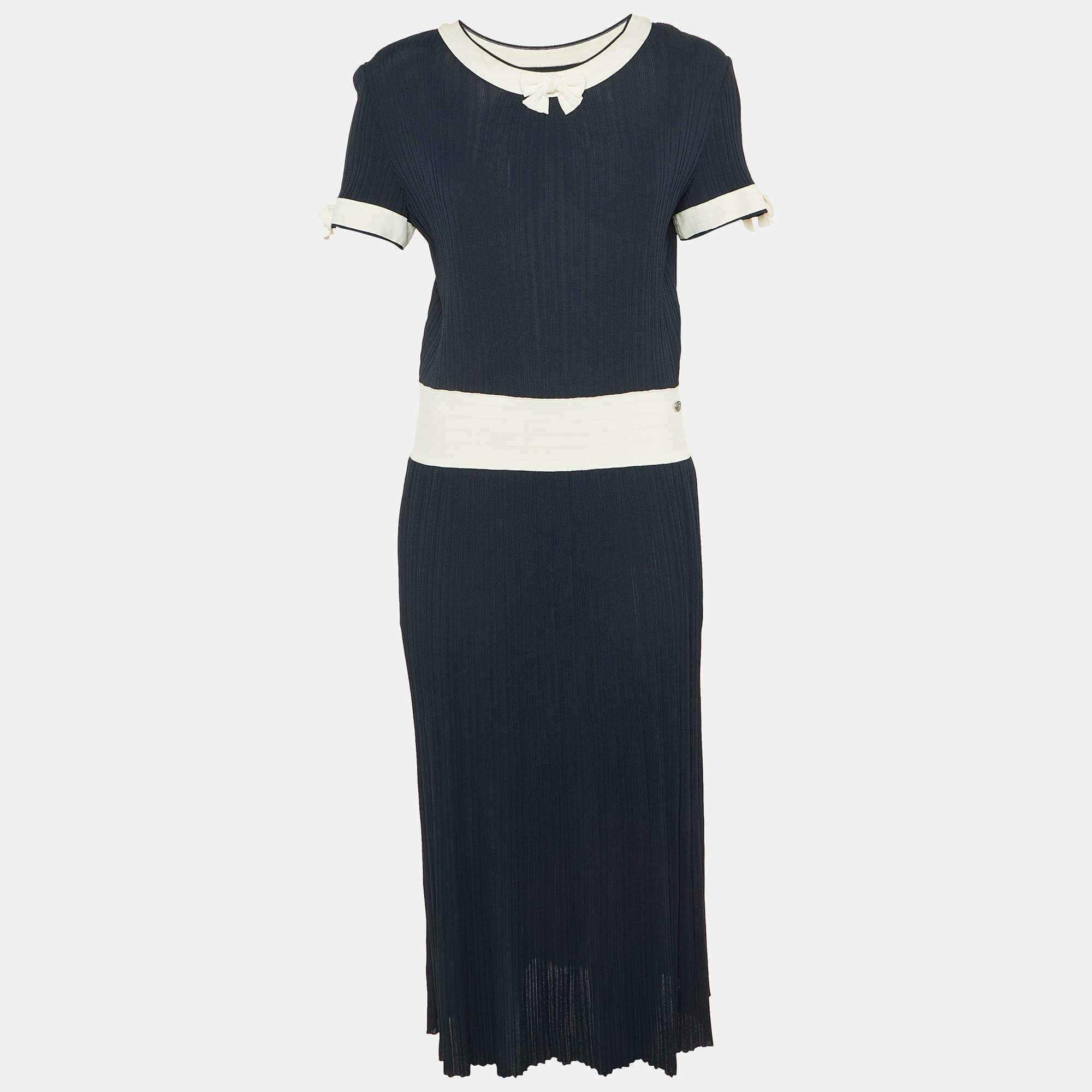 Pre Owned Chanel Navy Blue Knit Bow Detail Maxi Dress M 