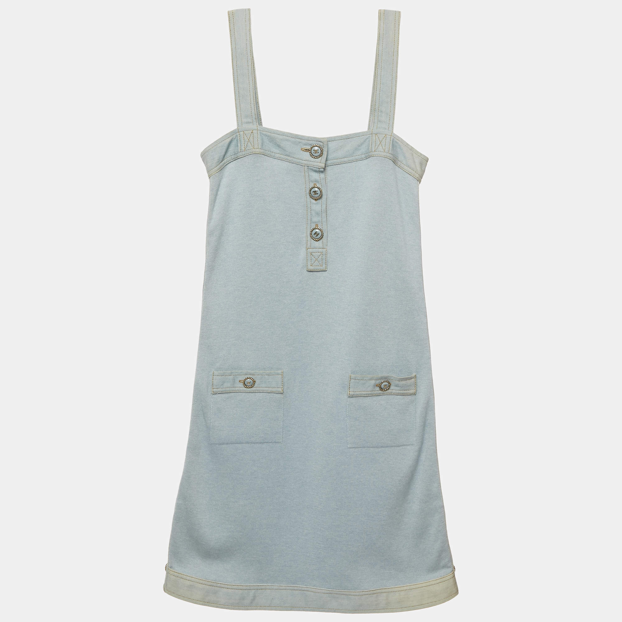 Pre Owned Chanel Blue Knit Denim Trim Mini Dress S