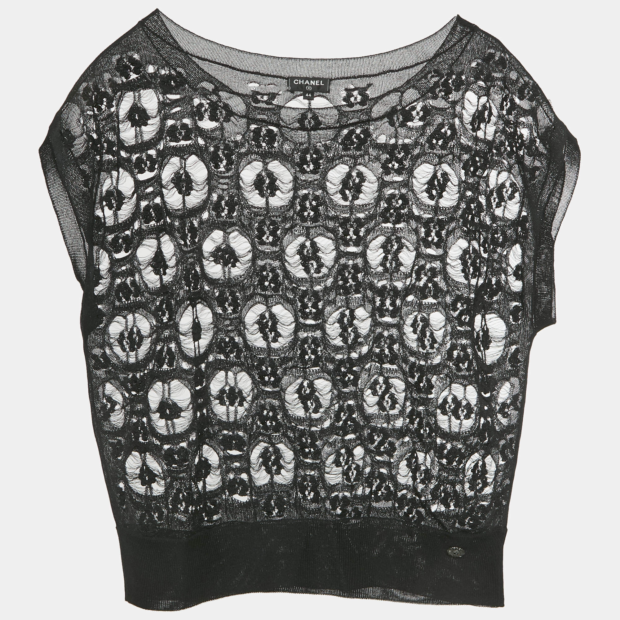 Pre Owned Chanel Black Open Knit Sheer Top L