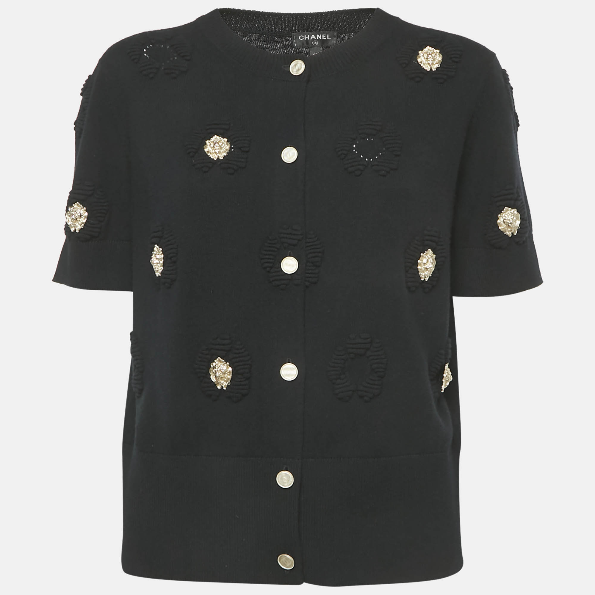 Pre Owned Chanel Black Cashmere Lion Charm Embellished Cardigan XL