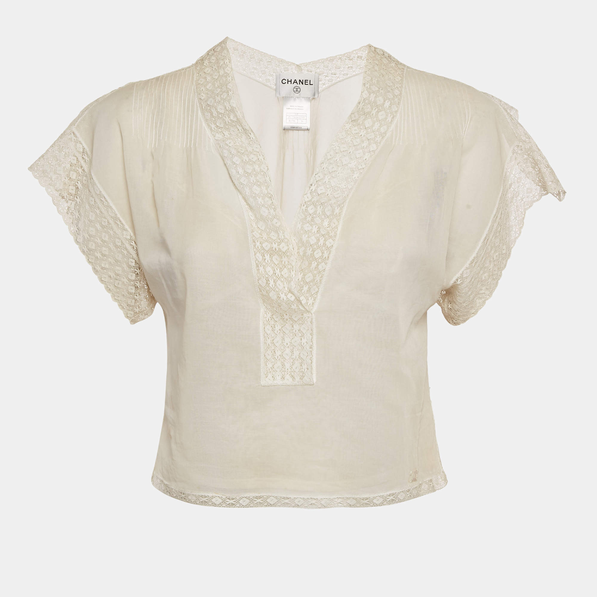 مملوكة مسبقًا Chanel White Cotton Short Sleeve Blouse S