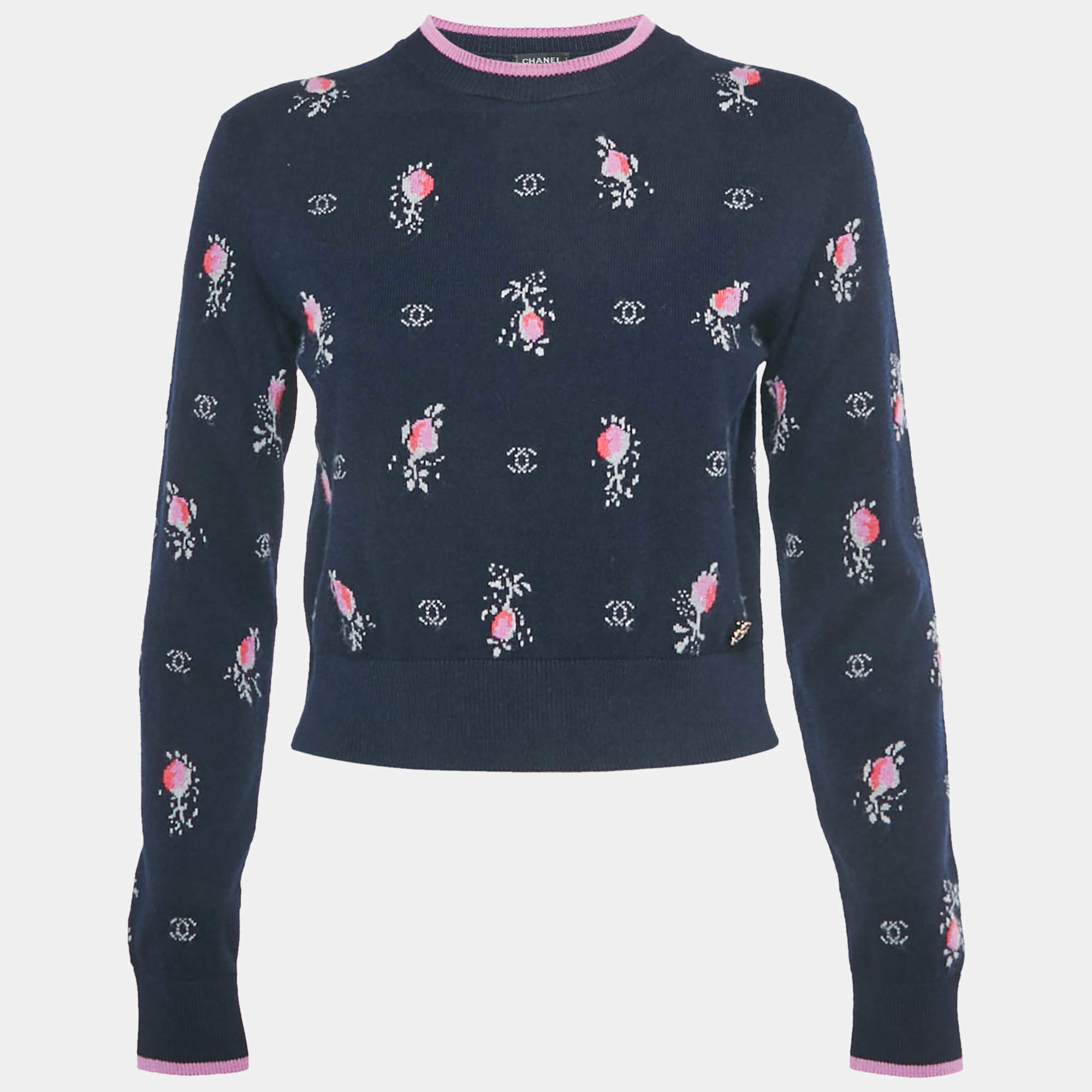 Pre Owned Chanel Navy Blue Patterned Cashmere Sweater S